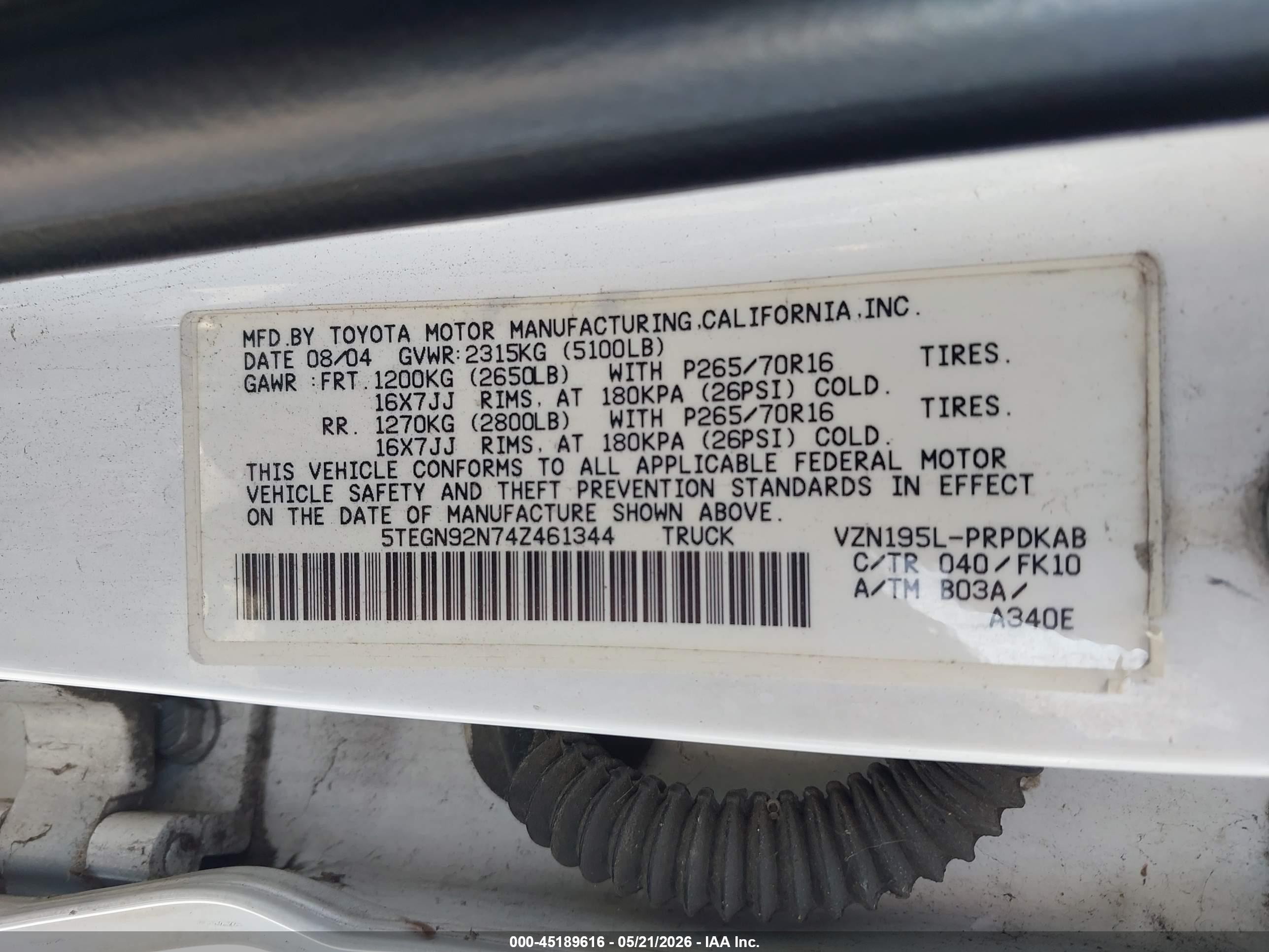2004 Toyota Tacoma Prerunner V6 White vin: 5TEGN92N74Z461344