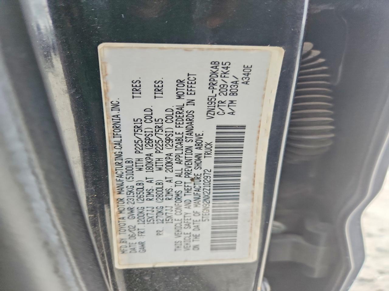 2002 Toyota Tacoma Black vin: 5TEGN92NX2Z102972