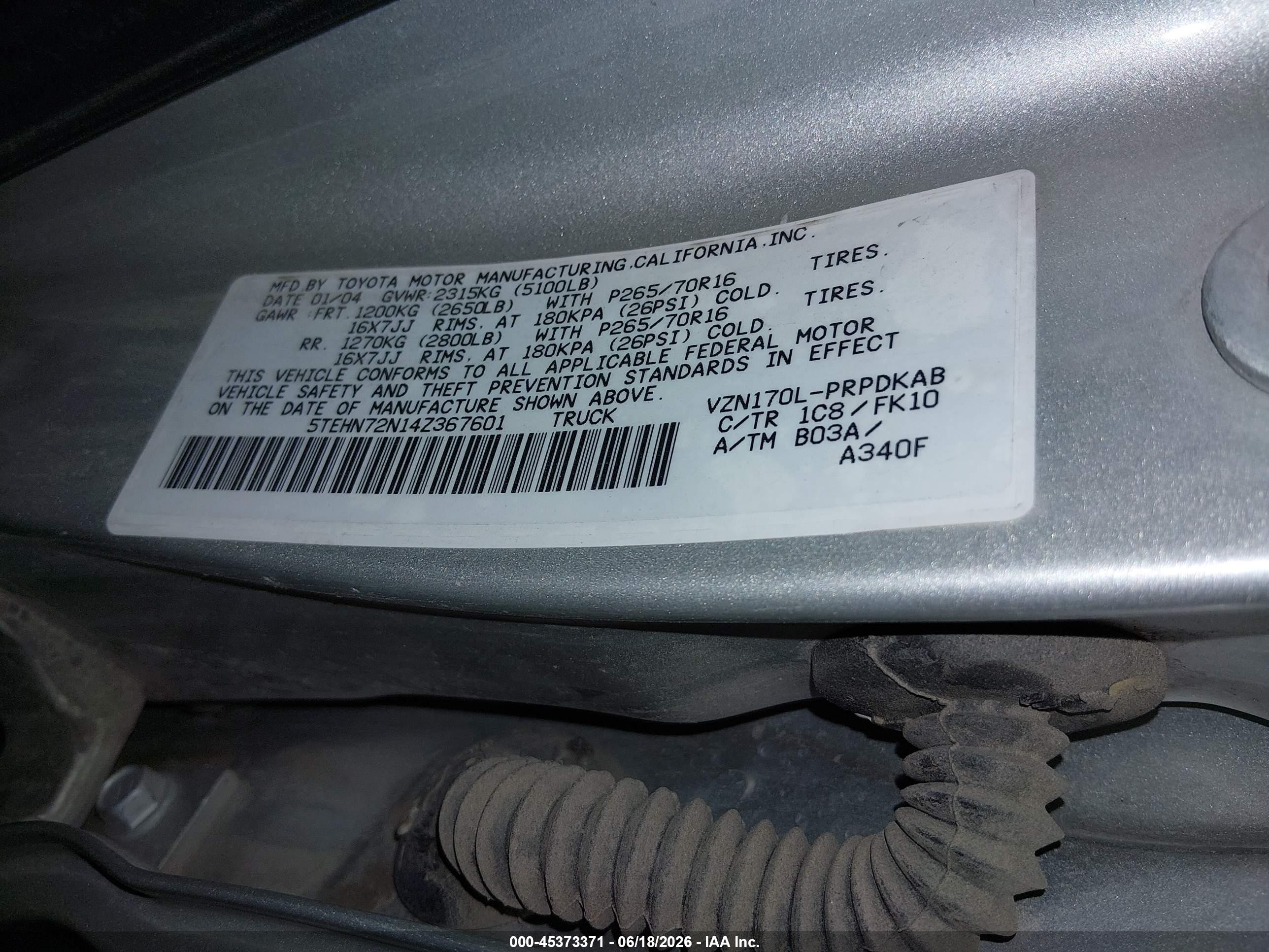 2004 Toyota Tacoma Base V6 Silver vin: 5TEHN72N14Z367601