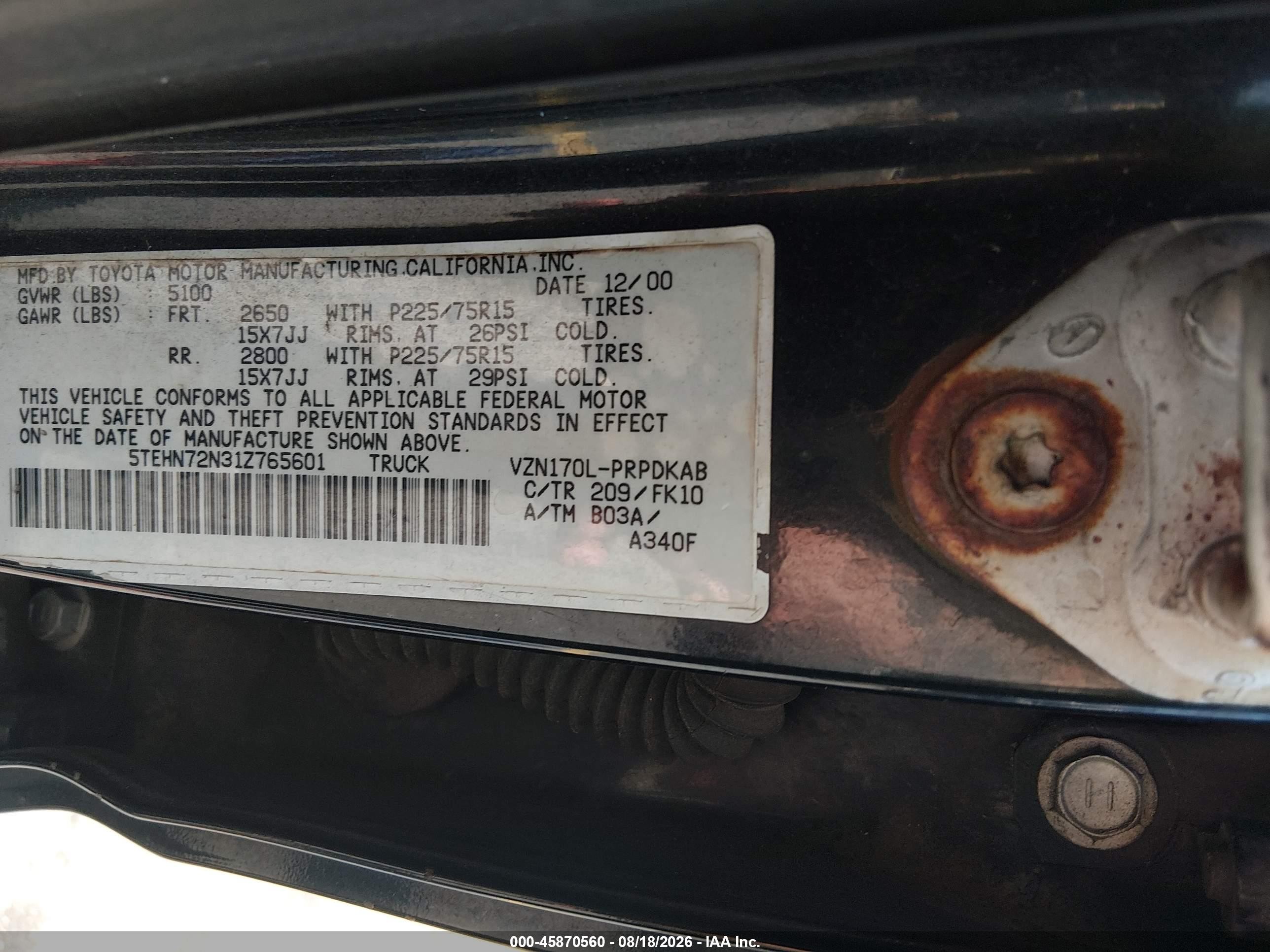 2001 Toyota Tacoma Base V6 Black vin: 5TEHN72N31Z765601