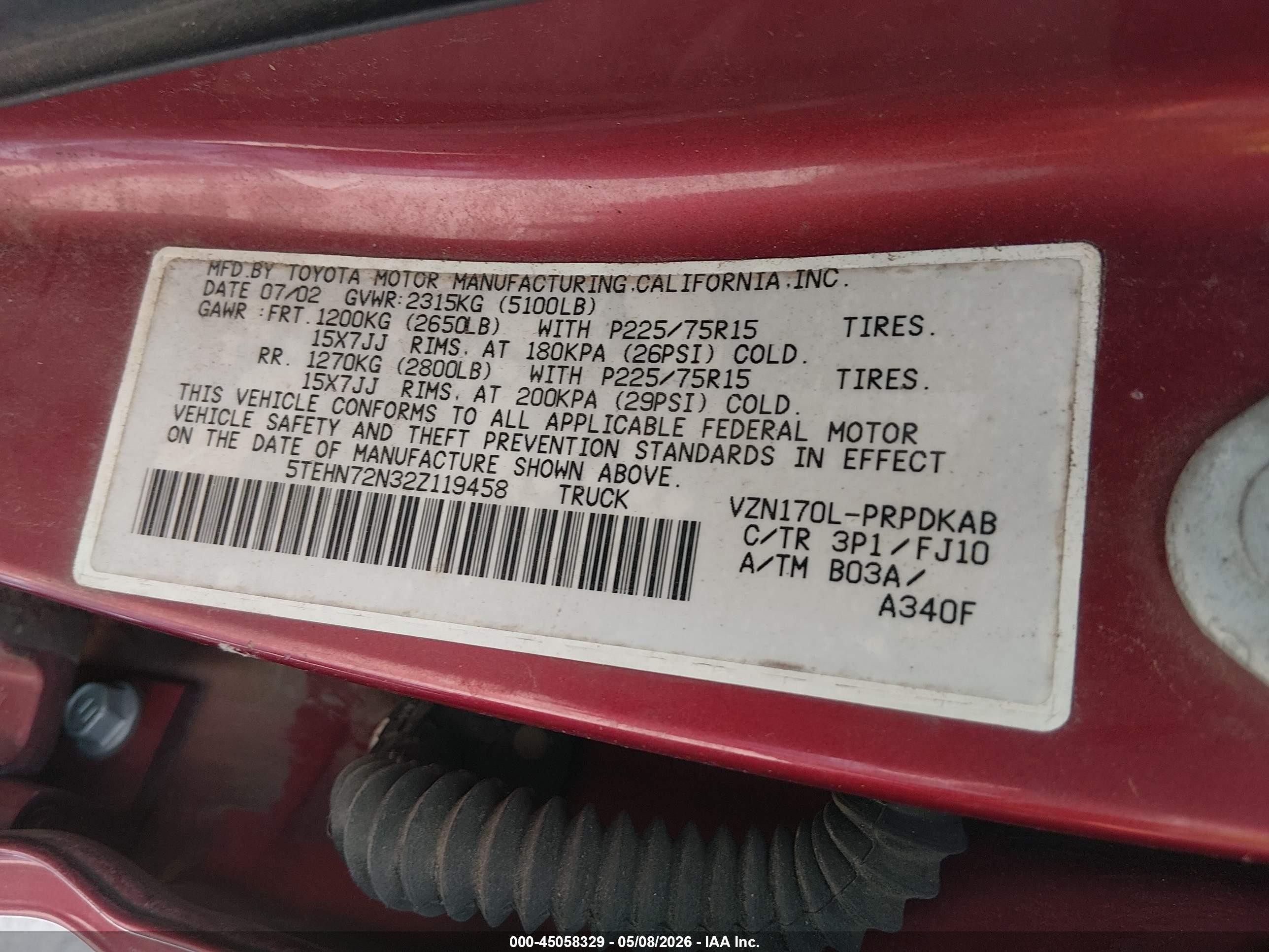 2002 Toyota Tacoma Base V6 Красный vin: 5TEHN72N32Z119458