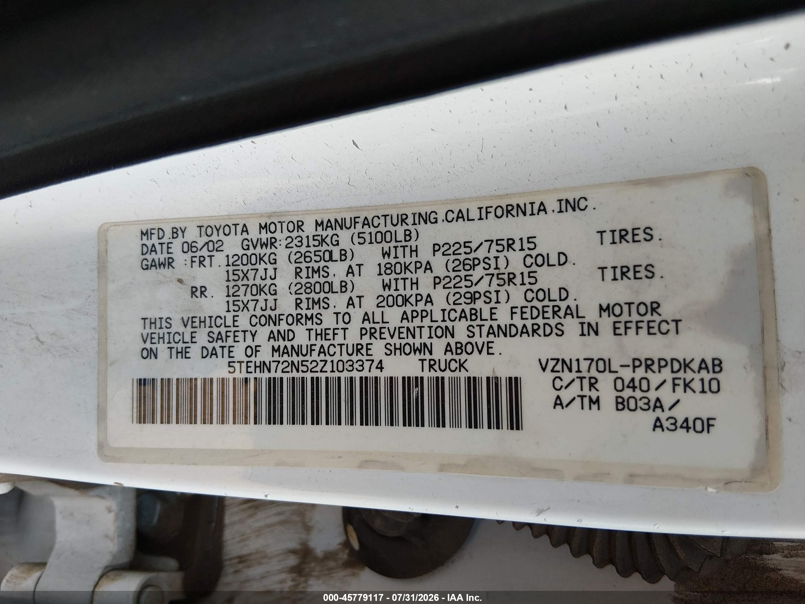 2002 Toyota Tacoma Double Cab White vin: 5TEHN72N52Z103374