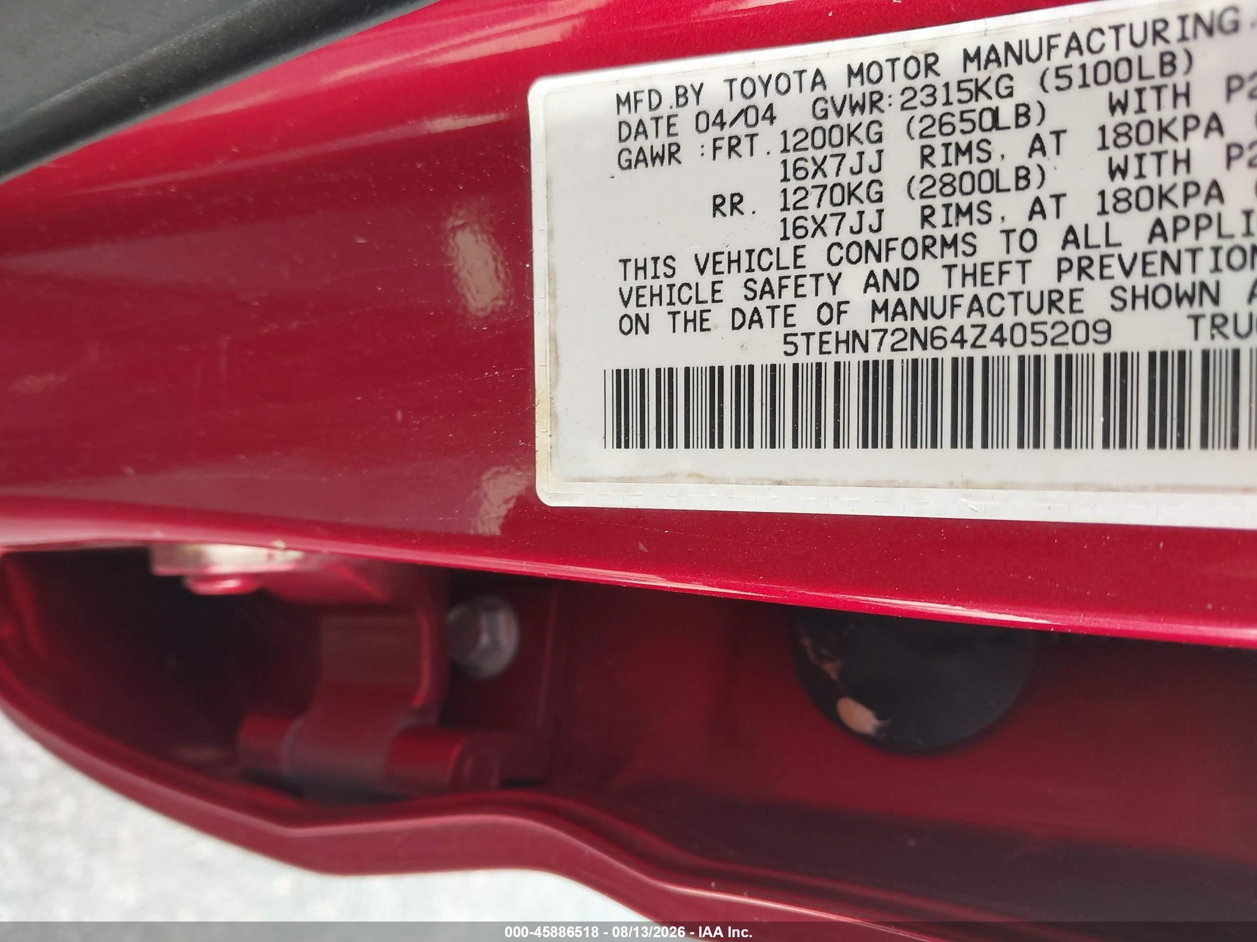 2004 Toyota Tacoma Base V6 Red vin: 5TEHN72N64Z405209