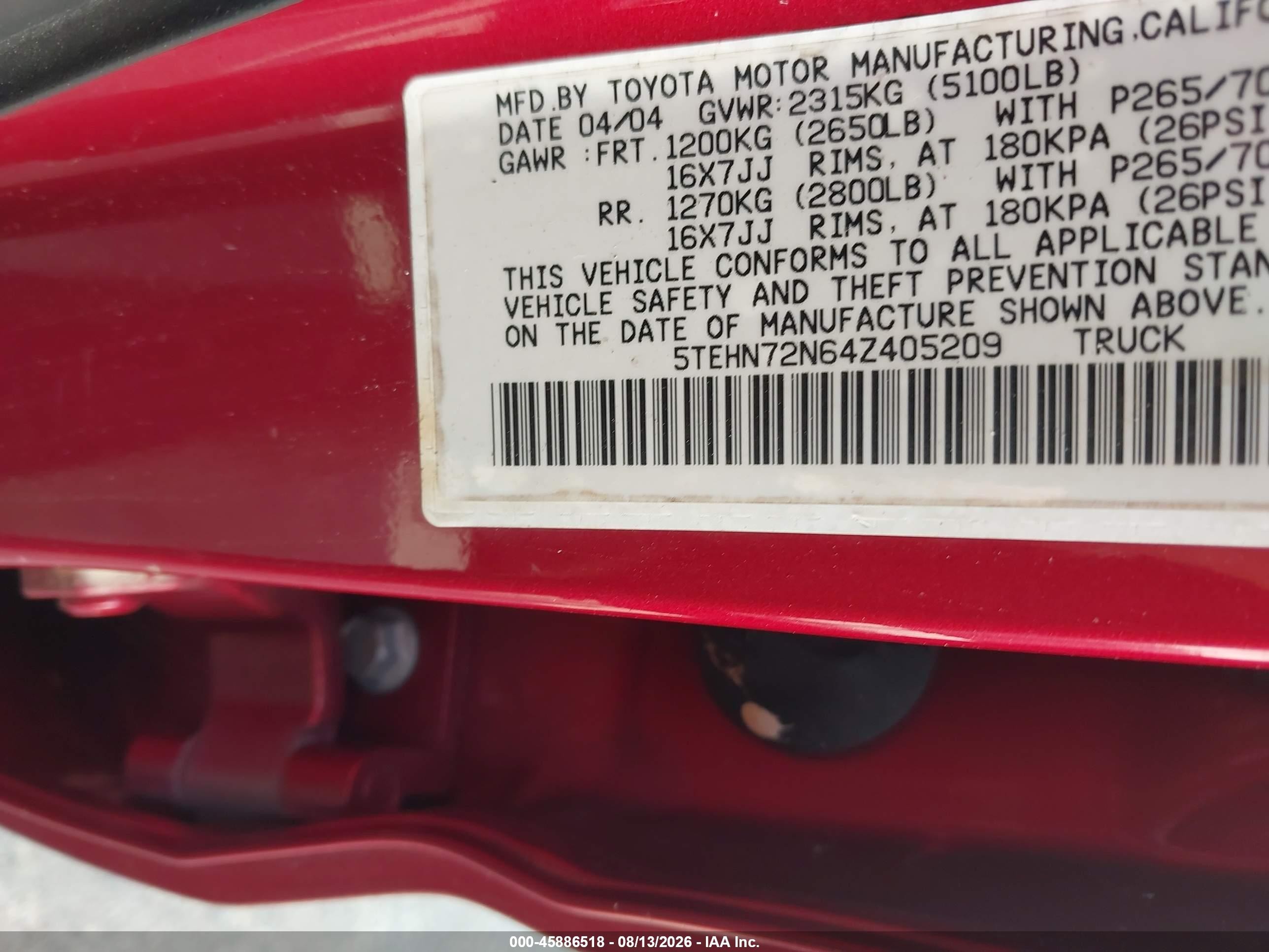 2004 Toyota Tacoma Base V6 Red vin: 5TEHN72N64Z405209