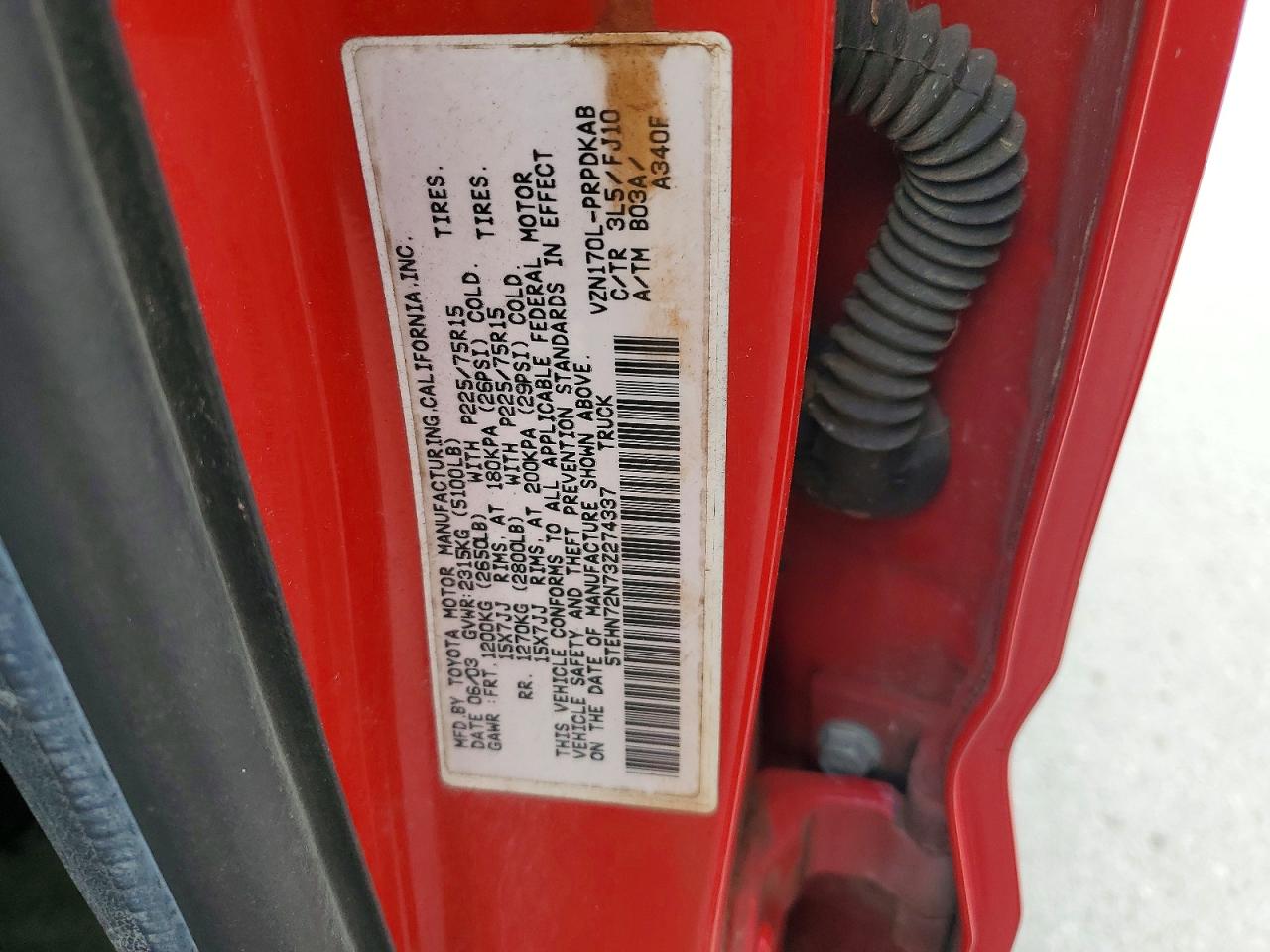 2003 Toyota Tacoma V6 Red vin: 5TEHN72N73Z274337