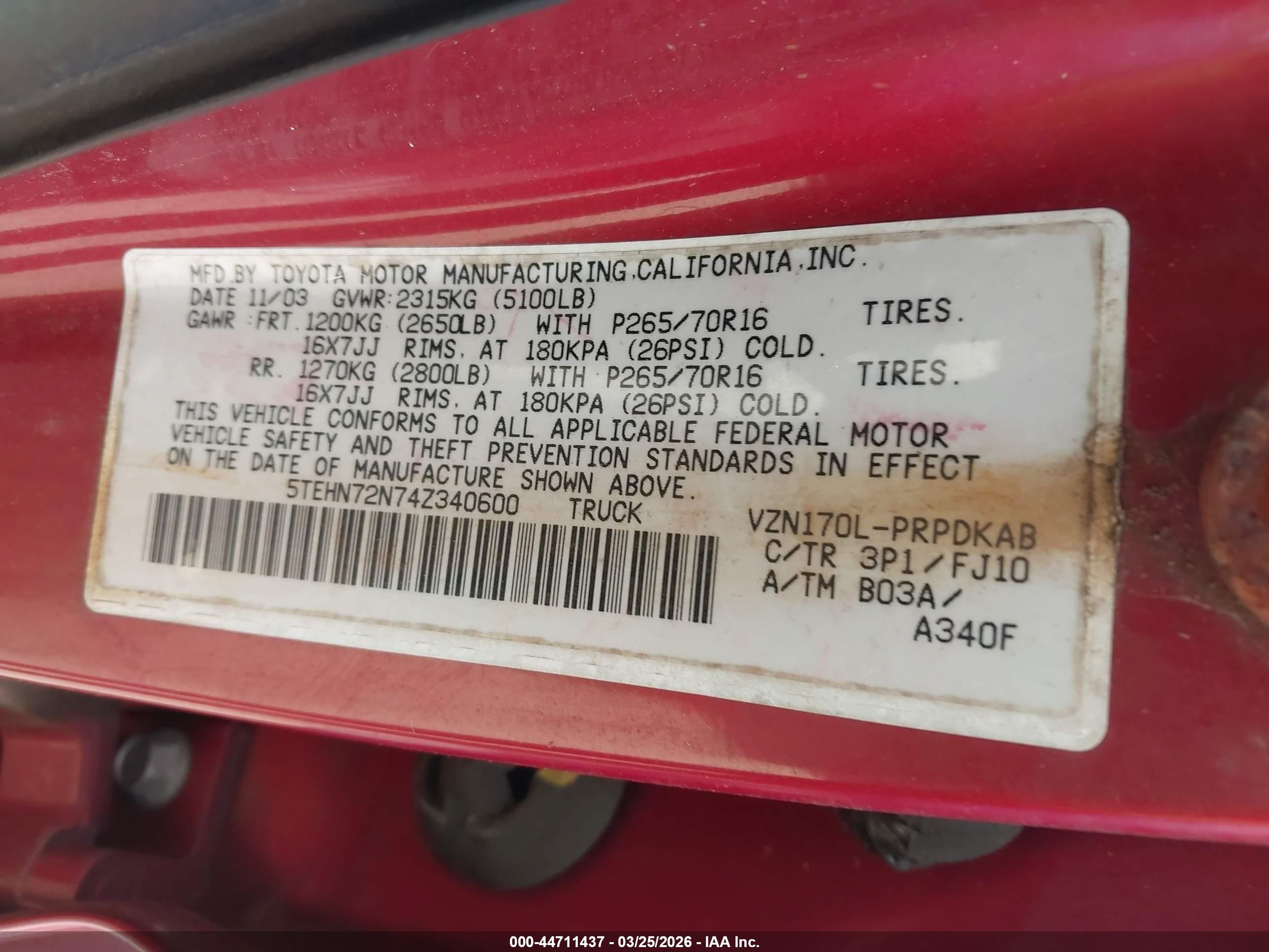 2004 Toyota Tacoma Base V6 Red vin: 5TEHN72N74Z340600