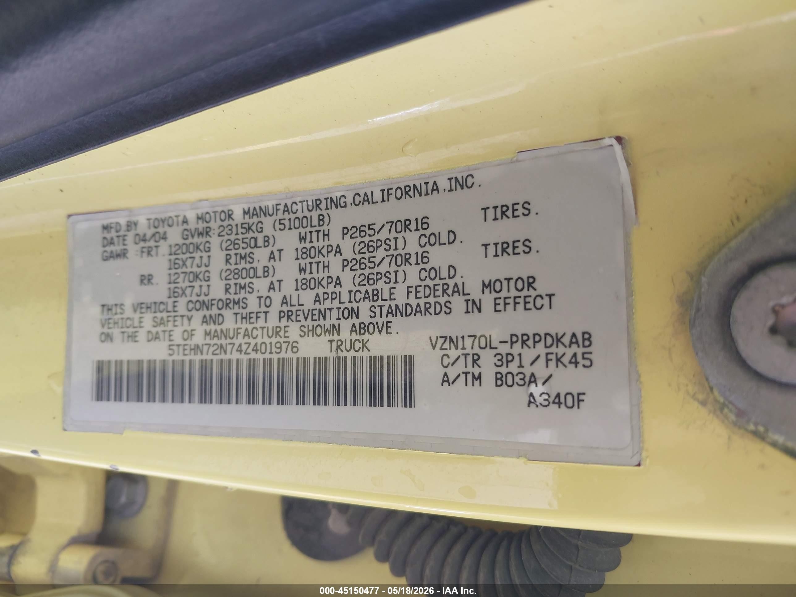 2004 Toyota Tacoma Base V6 Yellow vin: 5TEHN72N74Z401976
