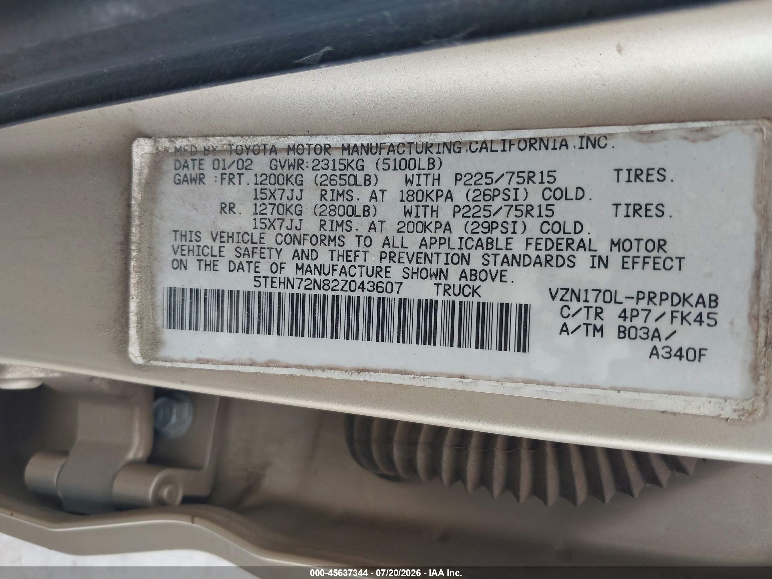 2002 Toyota Tacoma Base V6 Gold vin: 5TEHN72N82Z043607