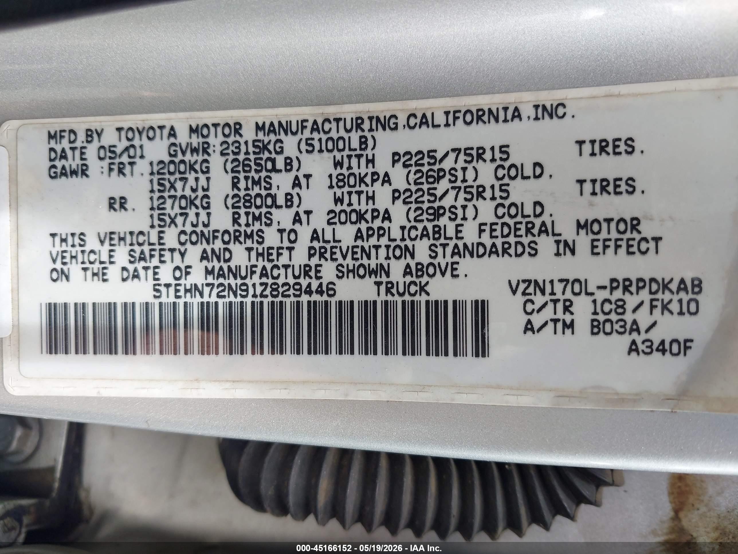 2001 Toyota Tacoma Base V6 Silver vin: 5TEHN72N91Z829446