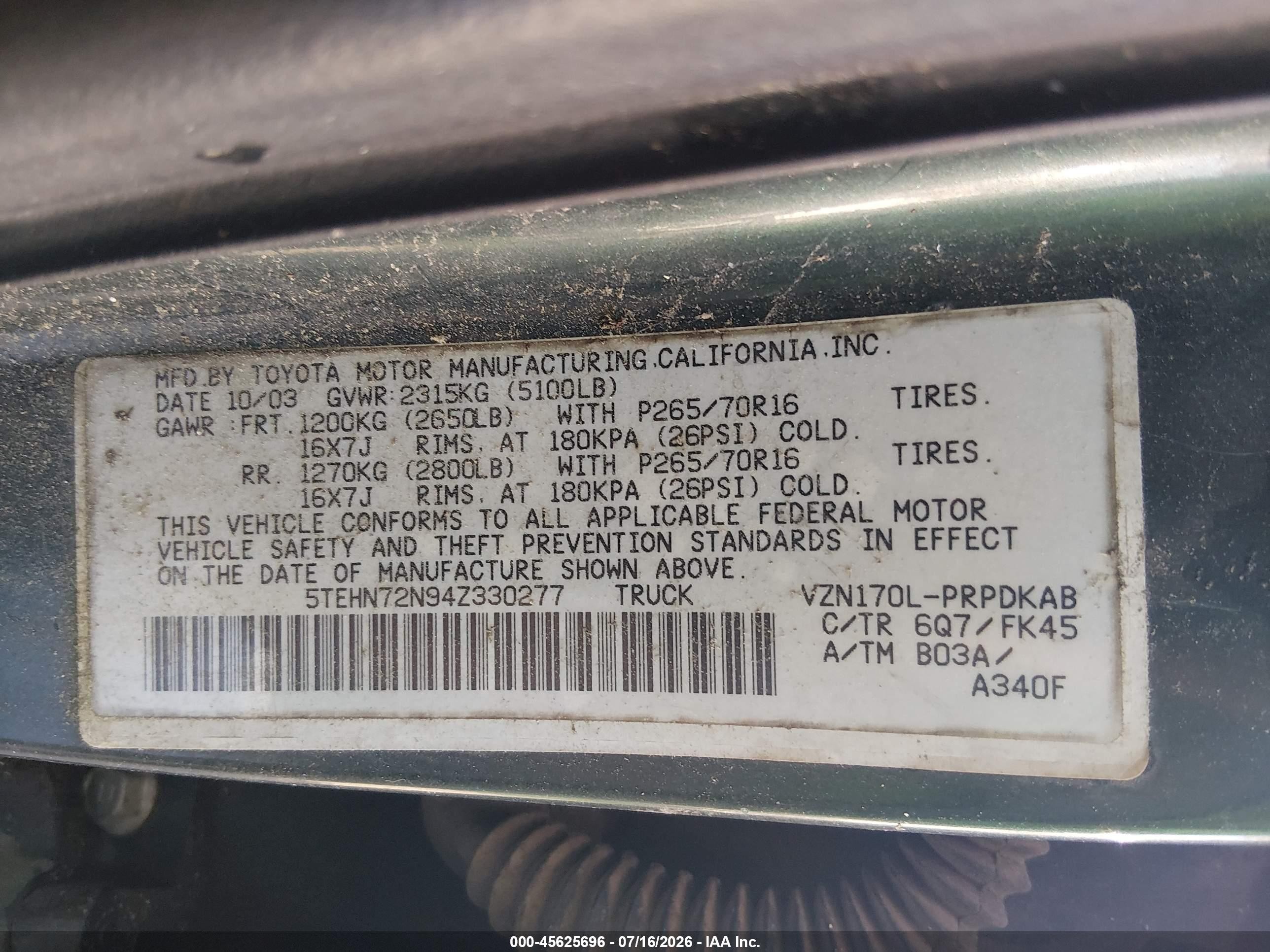 2004 Toyota Tacoma Base V6 Черный vin: 5TEHN72N94Z330277