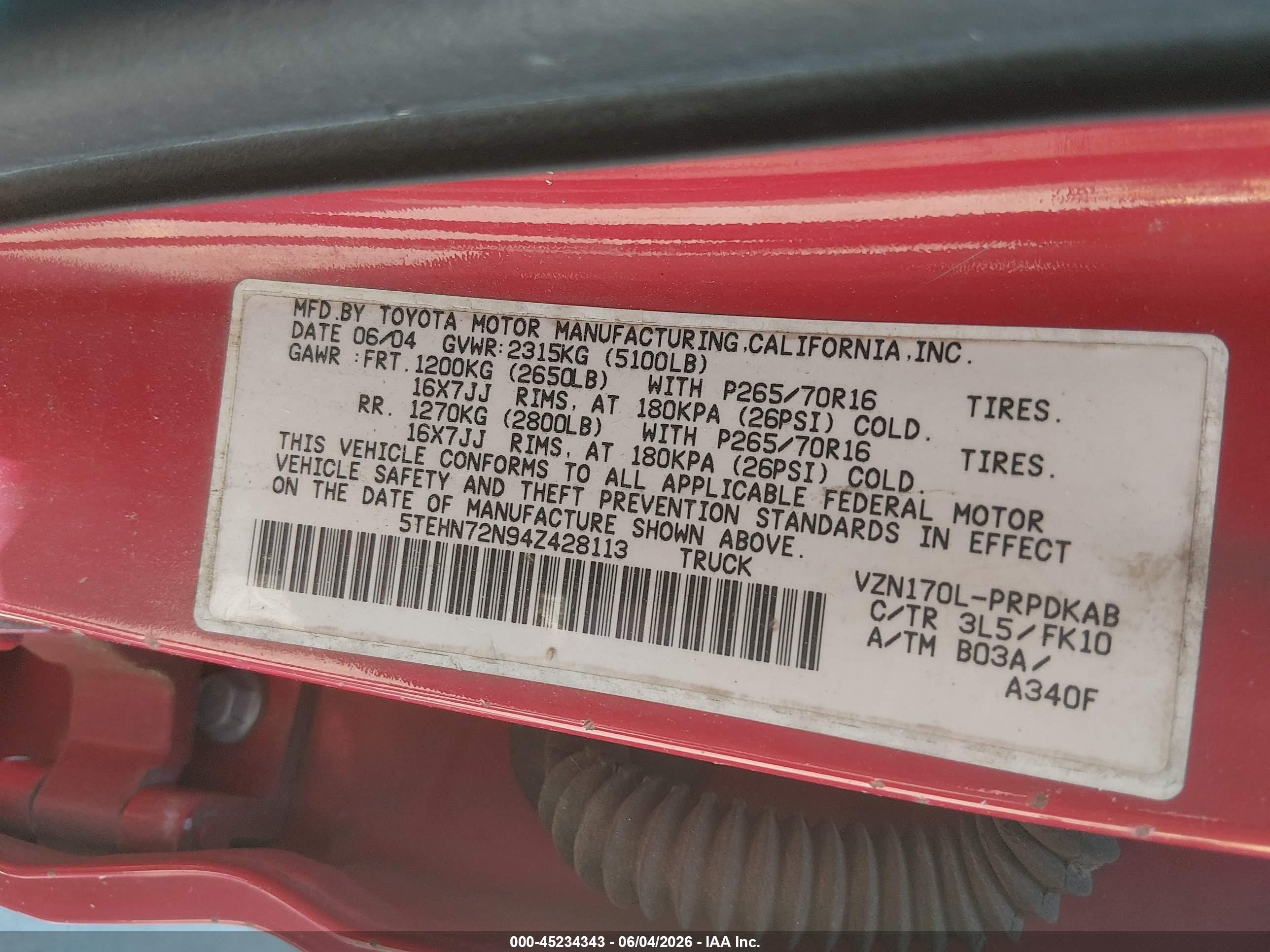 2004 Toyota Tacoma Base V6 Red vin: 5TEHN72N94Z428113