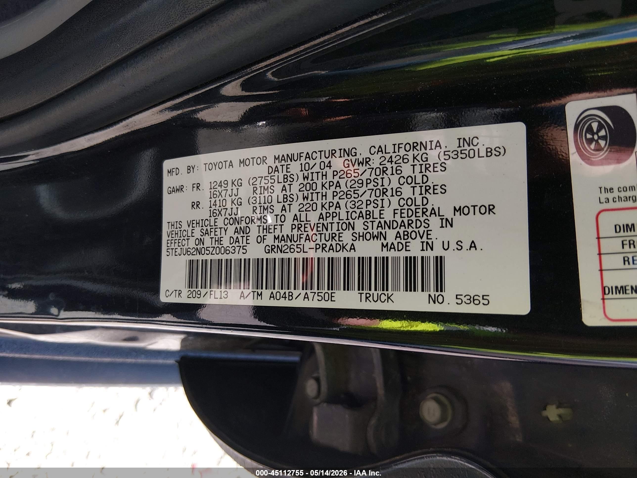 2005 Toyota Tacoma Prerunner V6 Black vin: 5TEJU62N05Z006375