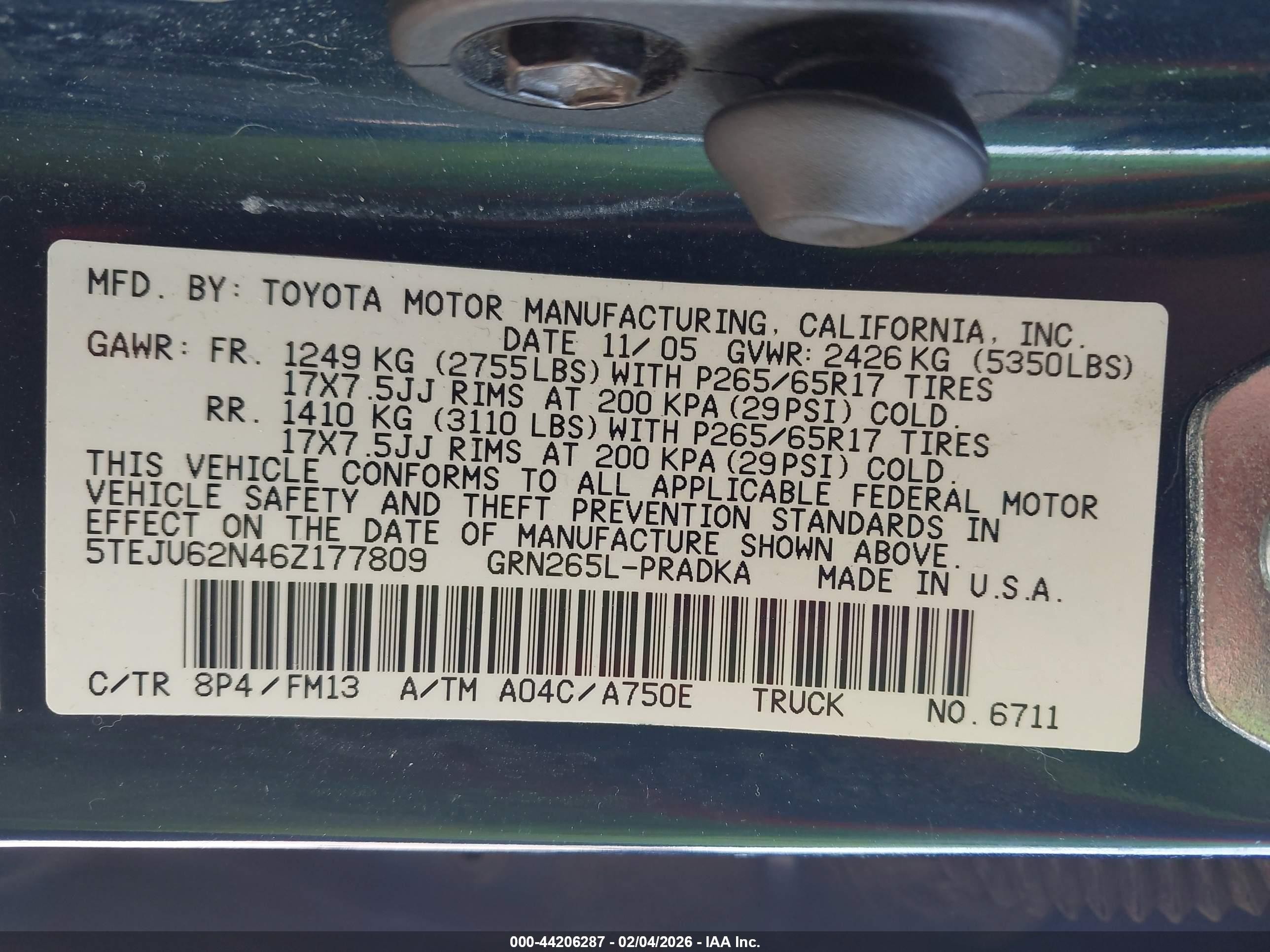 2006 Toyota Tacoma Prerunner V6 Blue vin: 5TEJU62N46Z177809