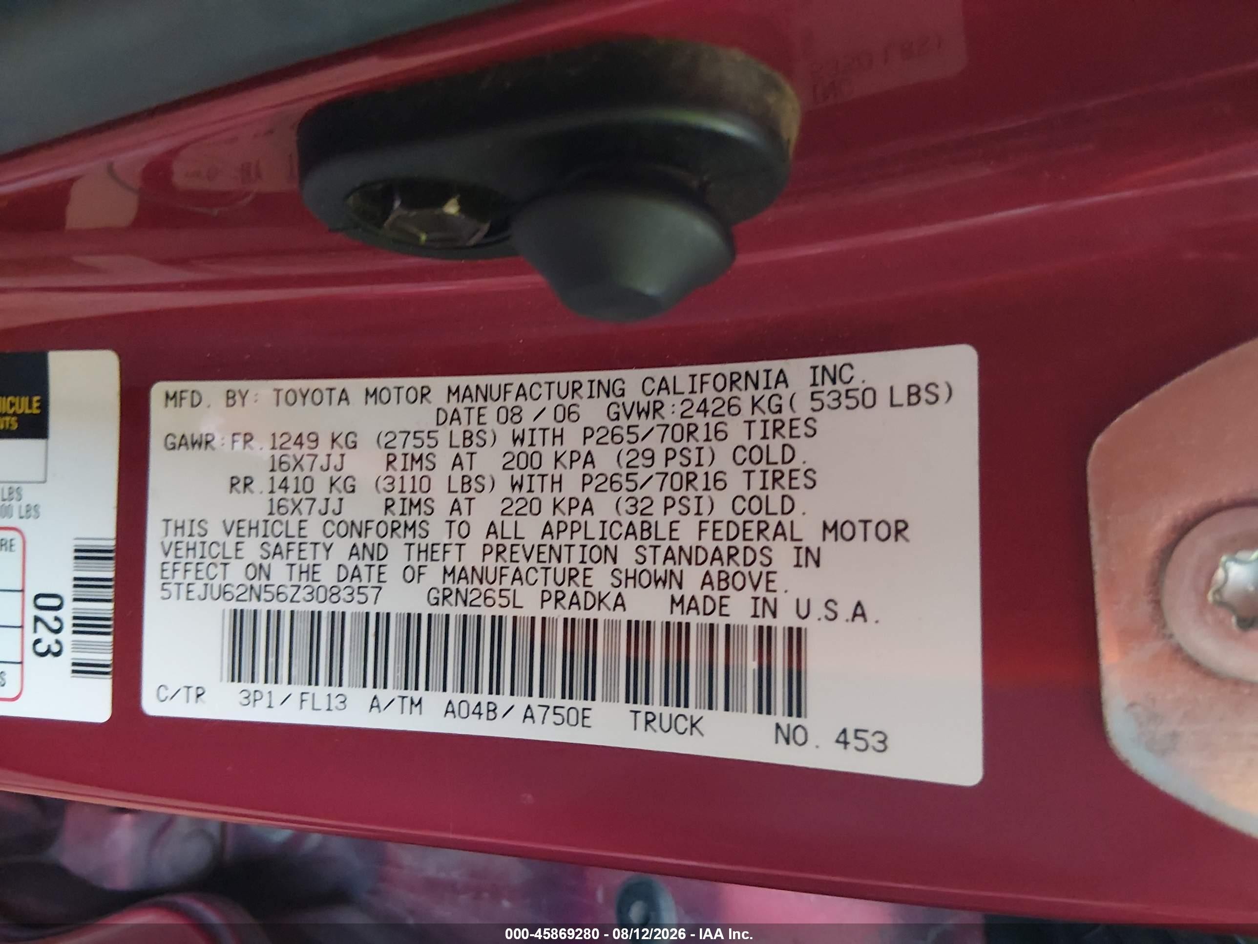 2006 Toyota Tacoma Prerunner V6 Red vin: 5TEJU62N56Z308357