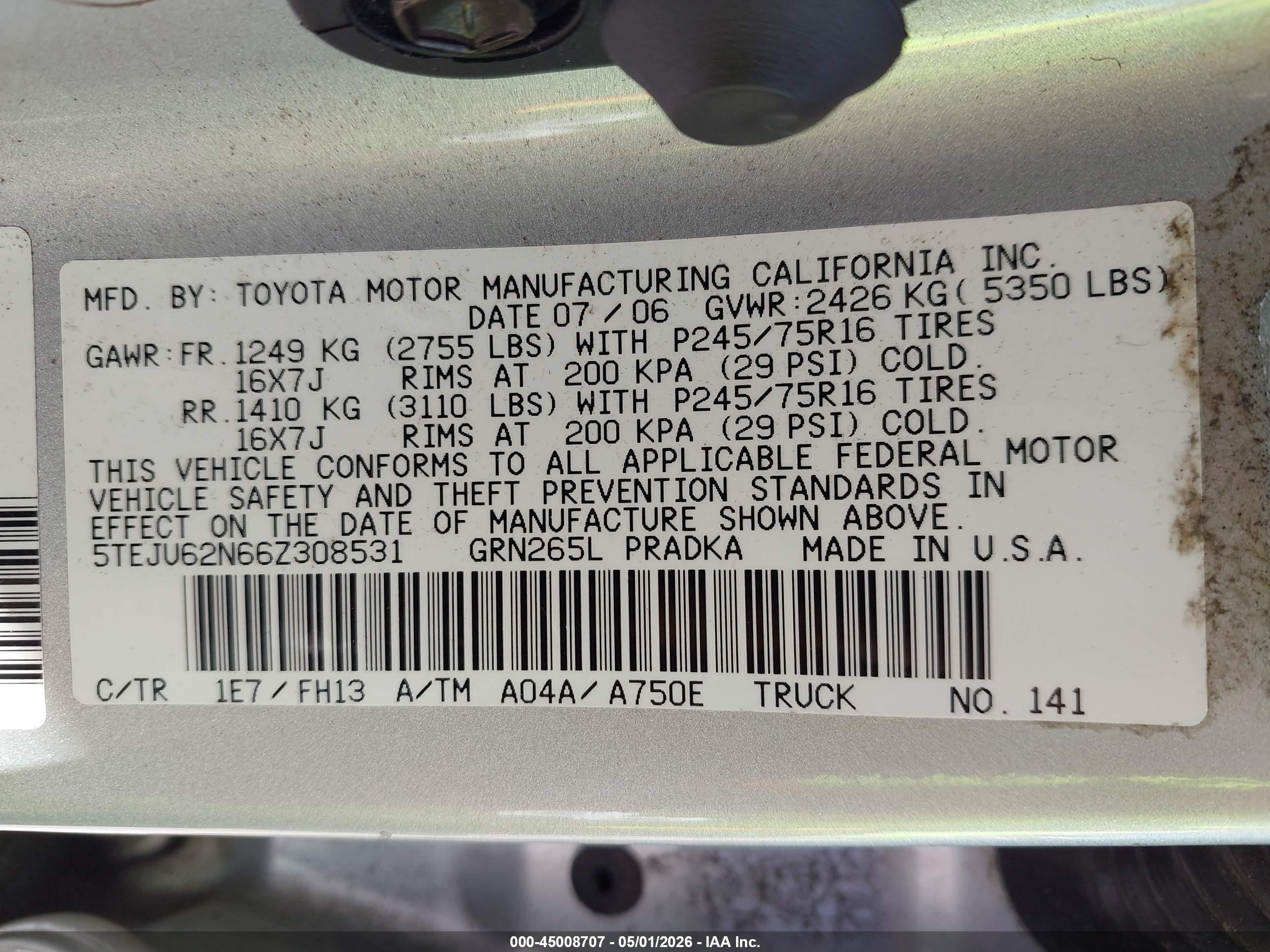 2006 Toyota Tacoma Prerunner V6 Gray vin: 5TEJU62N66Z308531