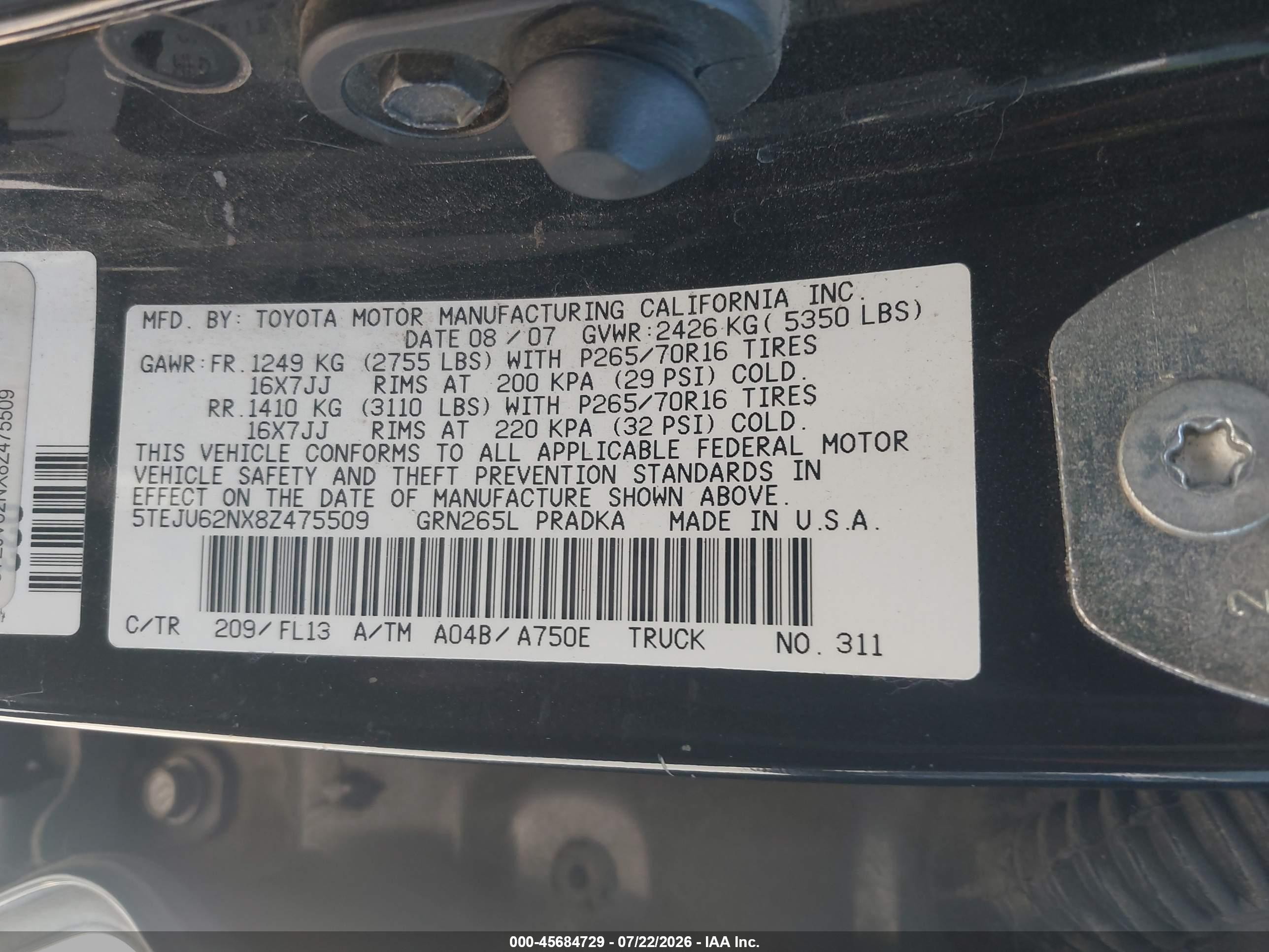 2008 Toyota Tacoma Prerunner V6 Черный vin: 5TEJU62NX8Z475509