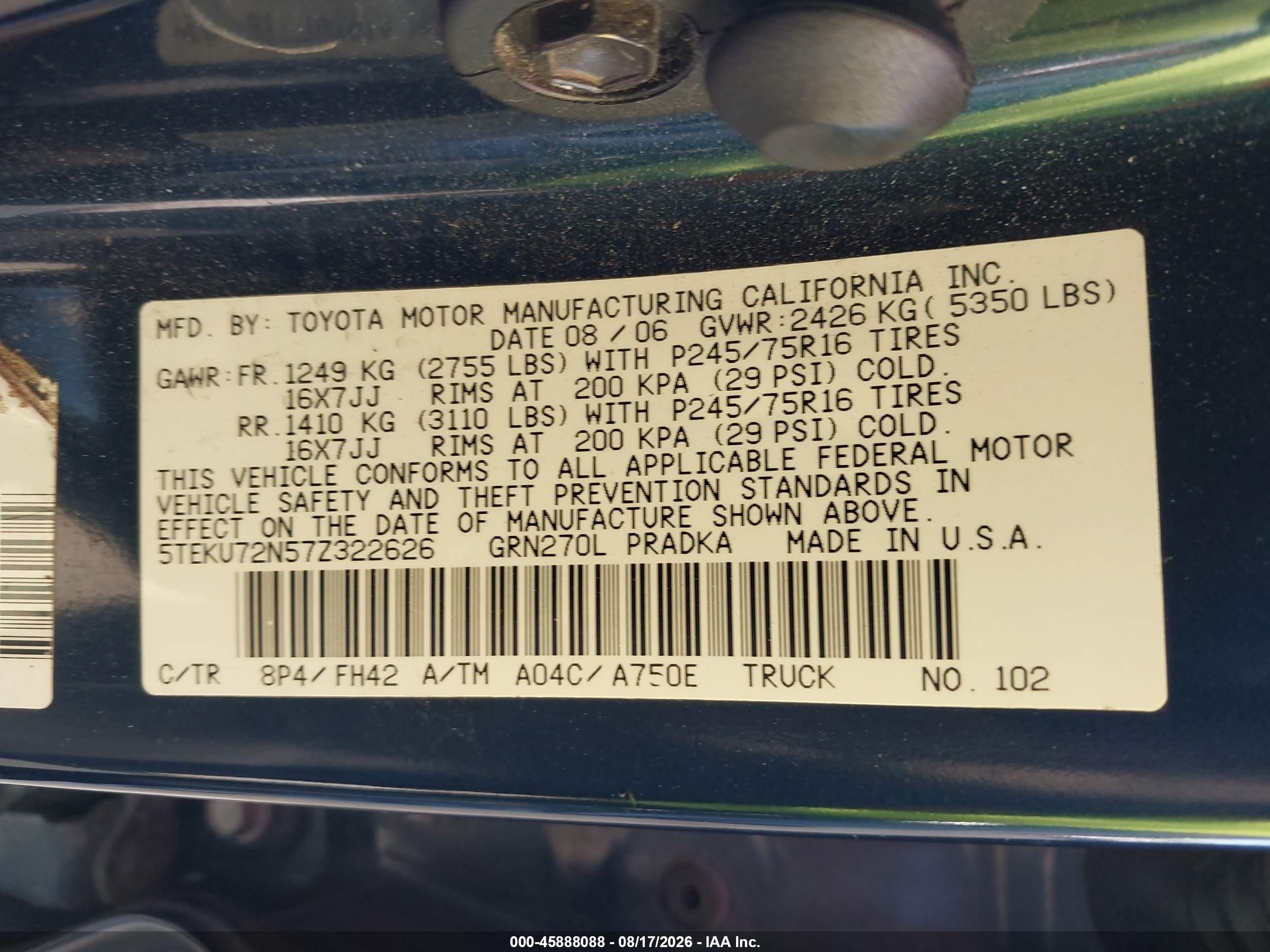 2007 Toyota Tacoma Prerunner V6 Blue vin: 5TEKU72N57Z322626