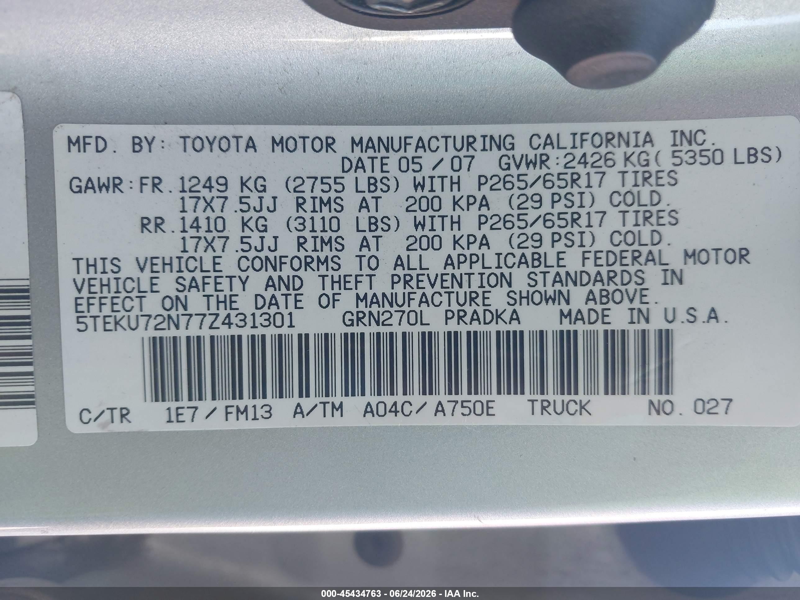 2007 Toyota Tacoma Prerunner V6 Серебряный vin: 5TEKU72N77Z431301