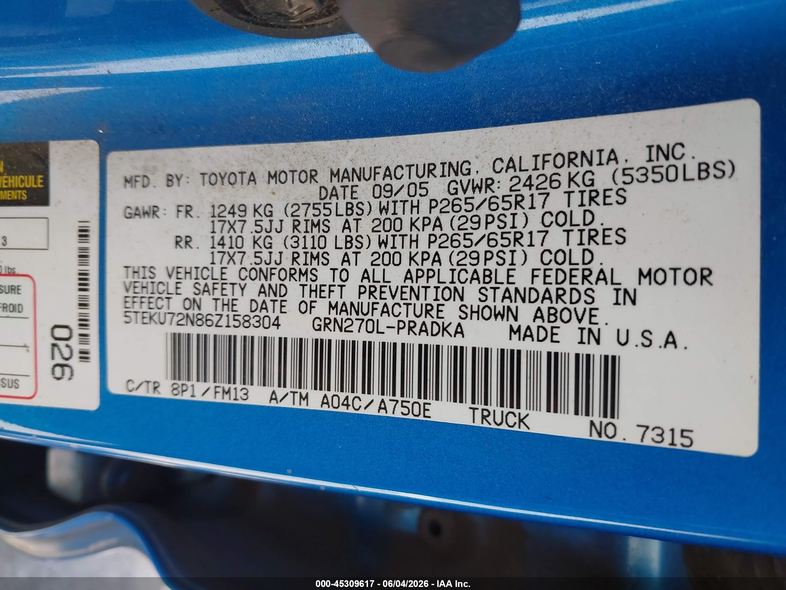 2006 Toyota Tacoma Prerunner V6 Blue vin: 5TEKU72N86Z158304