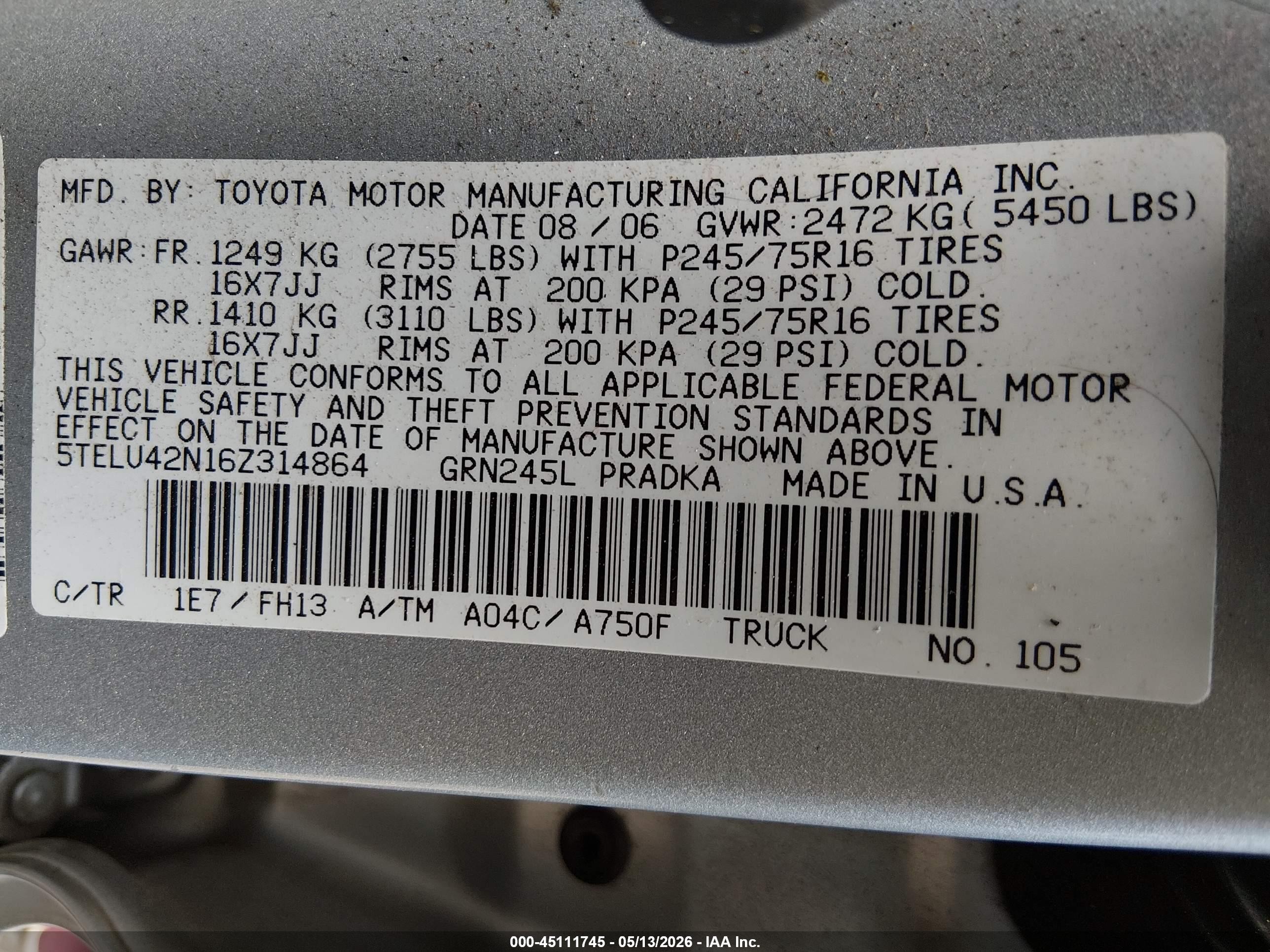 2006 Toyota Tacoma Base V6 Silver vin: 5TELU42N16Z314864