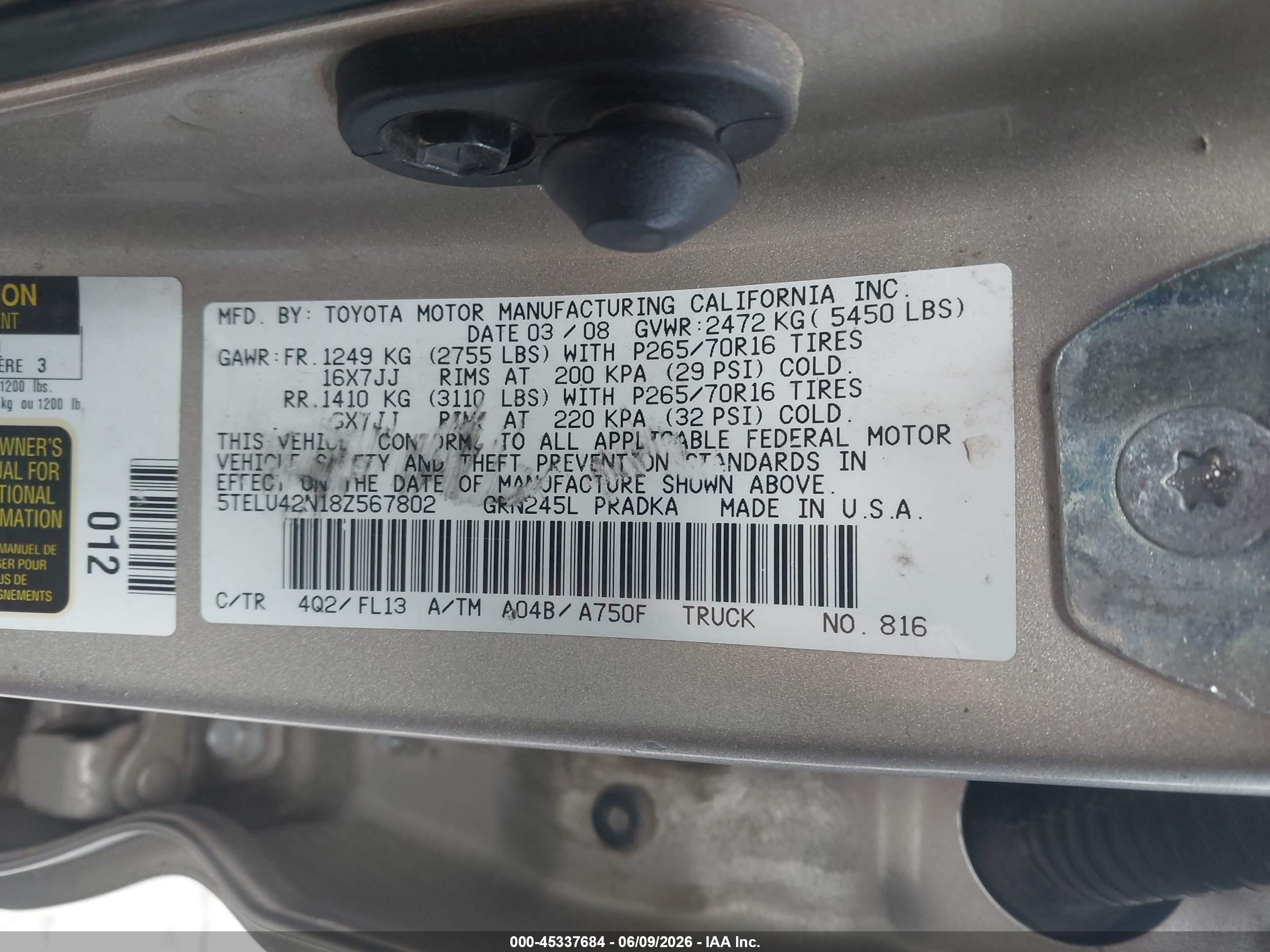 2008 Toyota Tacoma Base V6 Gold vin: 5TELU42N18Z567802
