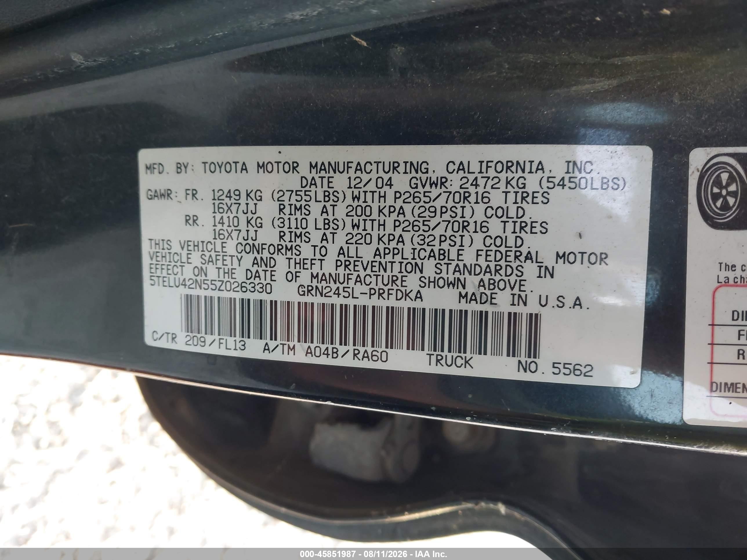 2005 Toyota Tacoma Base V6 Black vin: 5TELU42N55Z026330