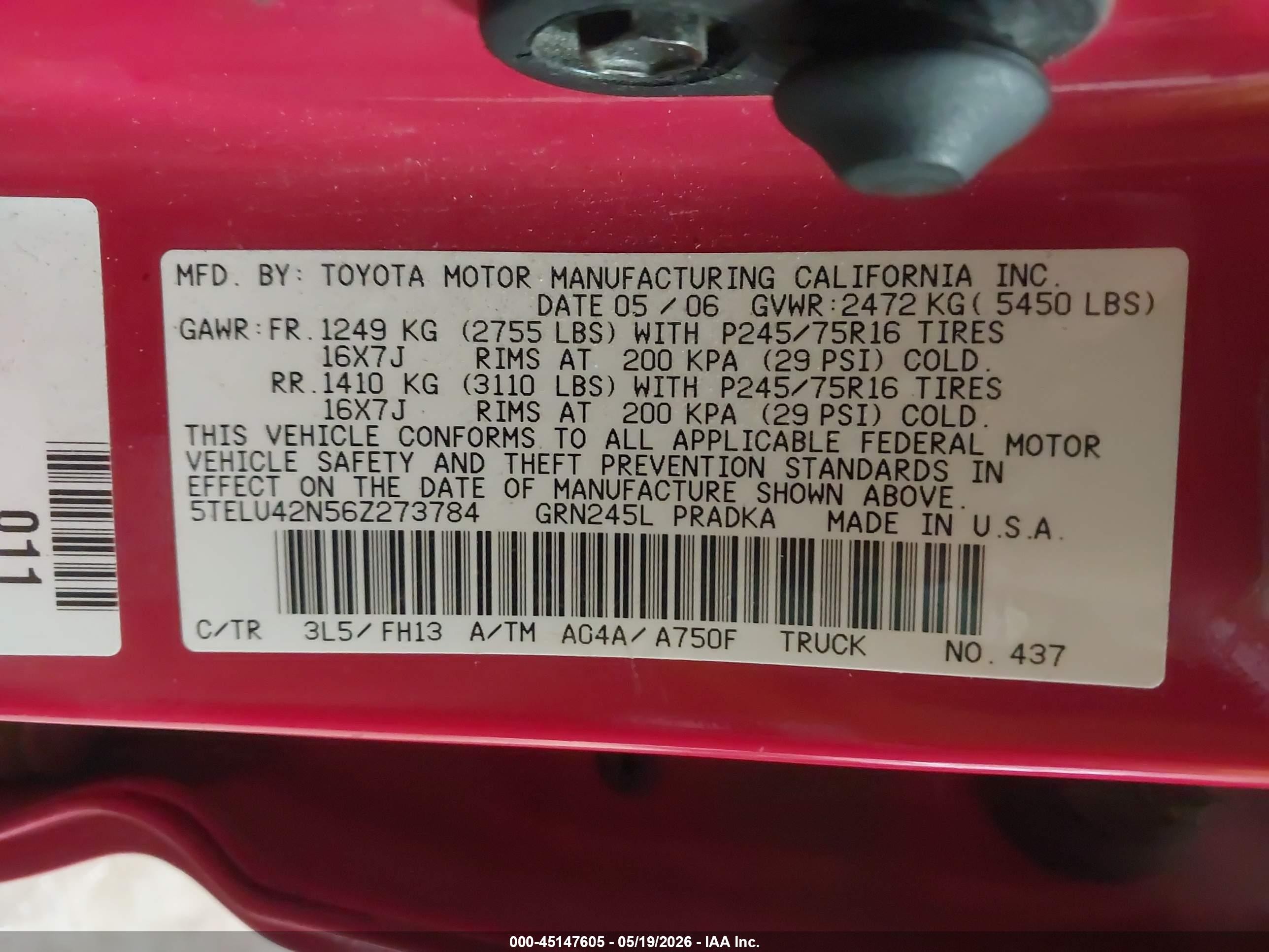2006 Toyota Tacoma Base V6 Red vin: 5TELU42N56Z273784