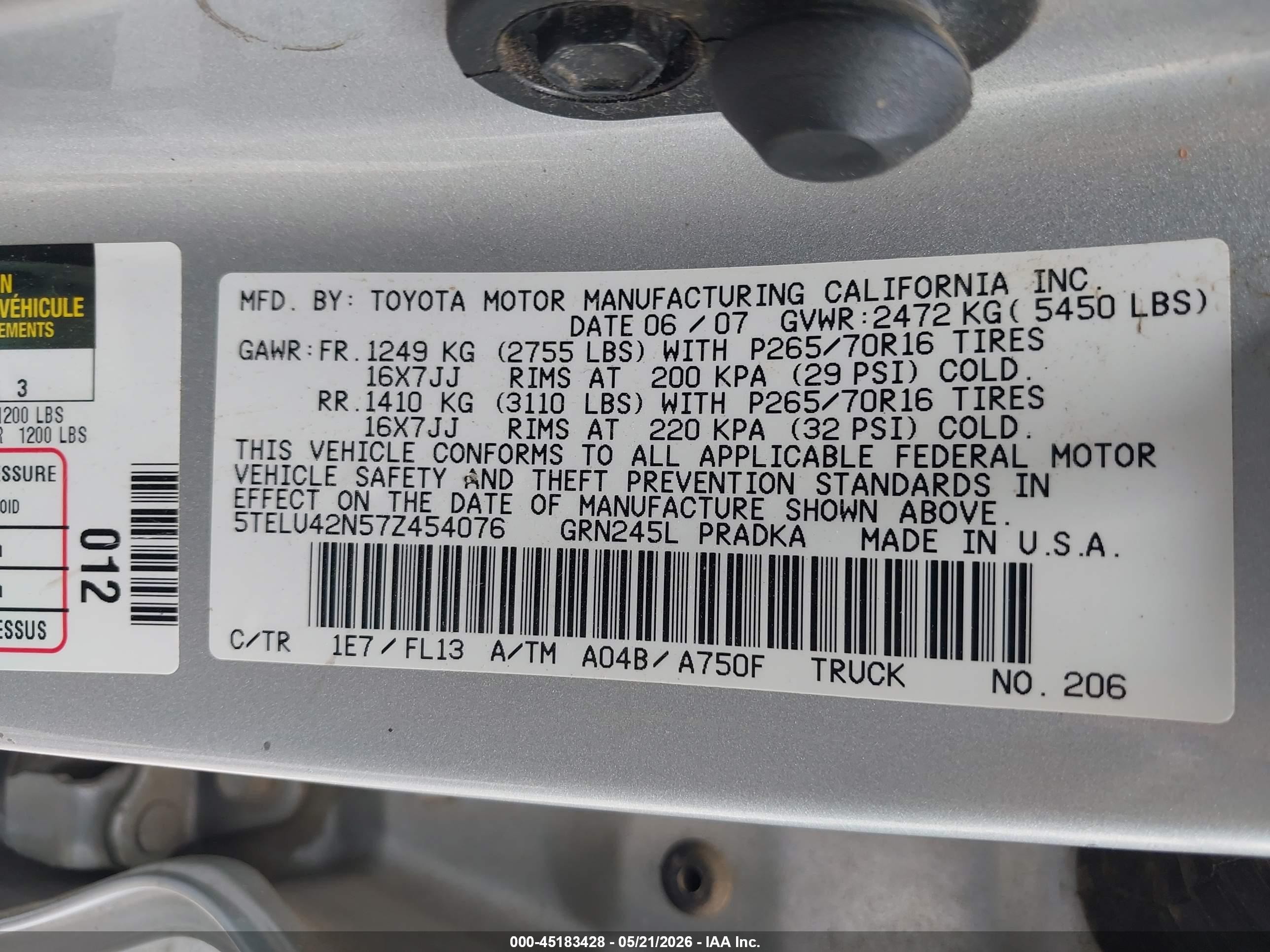 2007 Toyota Tacoma Base V6 Silver vin: 5TELU42N57Z454076