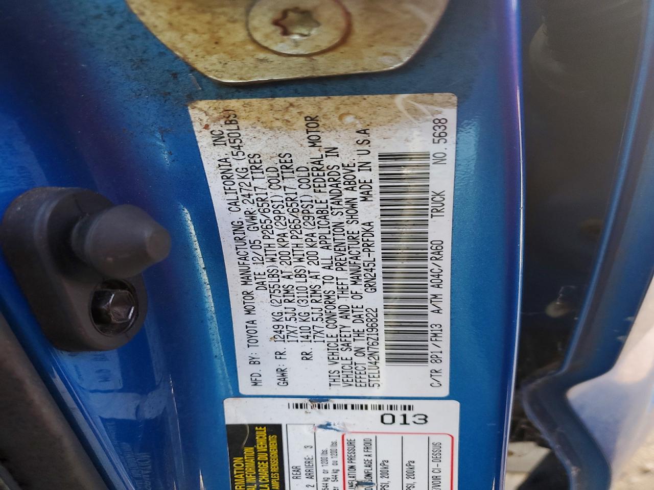 2006 Toyota Tacoma Double Cab Blue vin: 5TELU42N76Z196822