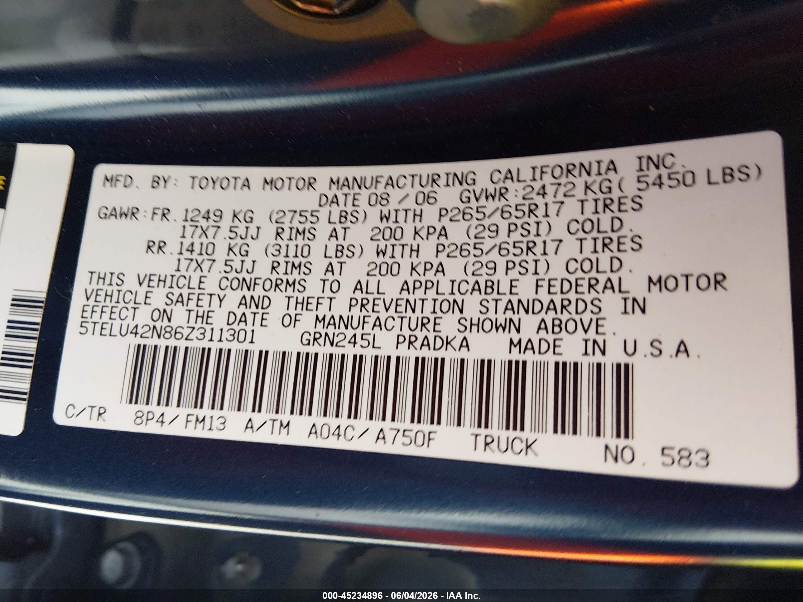 2006 Toyota Tacoma Base V6 Blue vin: 5TELU42N86Z311301