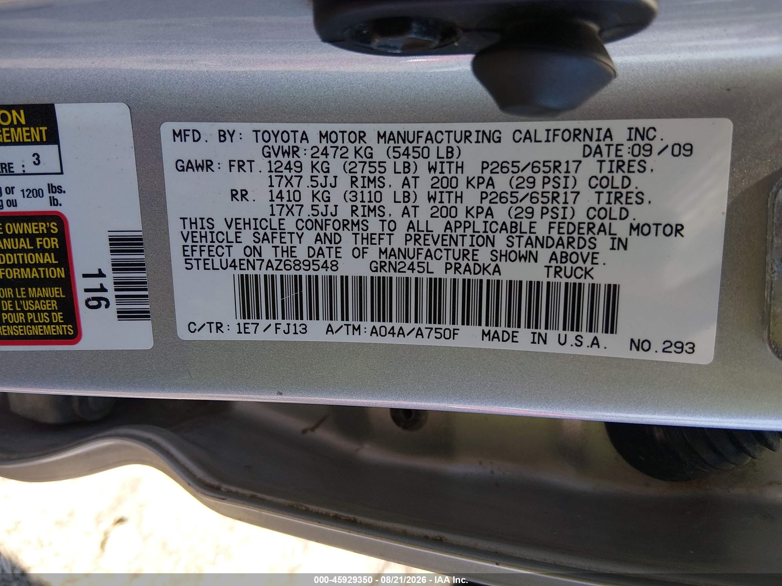 2010 Toyota Tacoma Base V6 Silver vin: 5TELU4EN7AZ689548