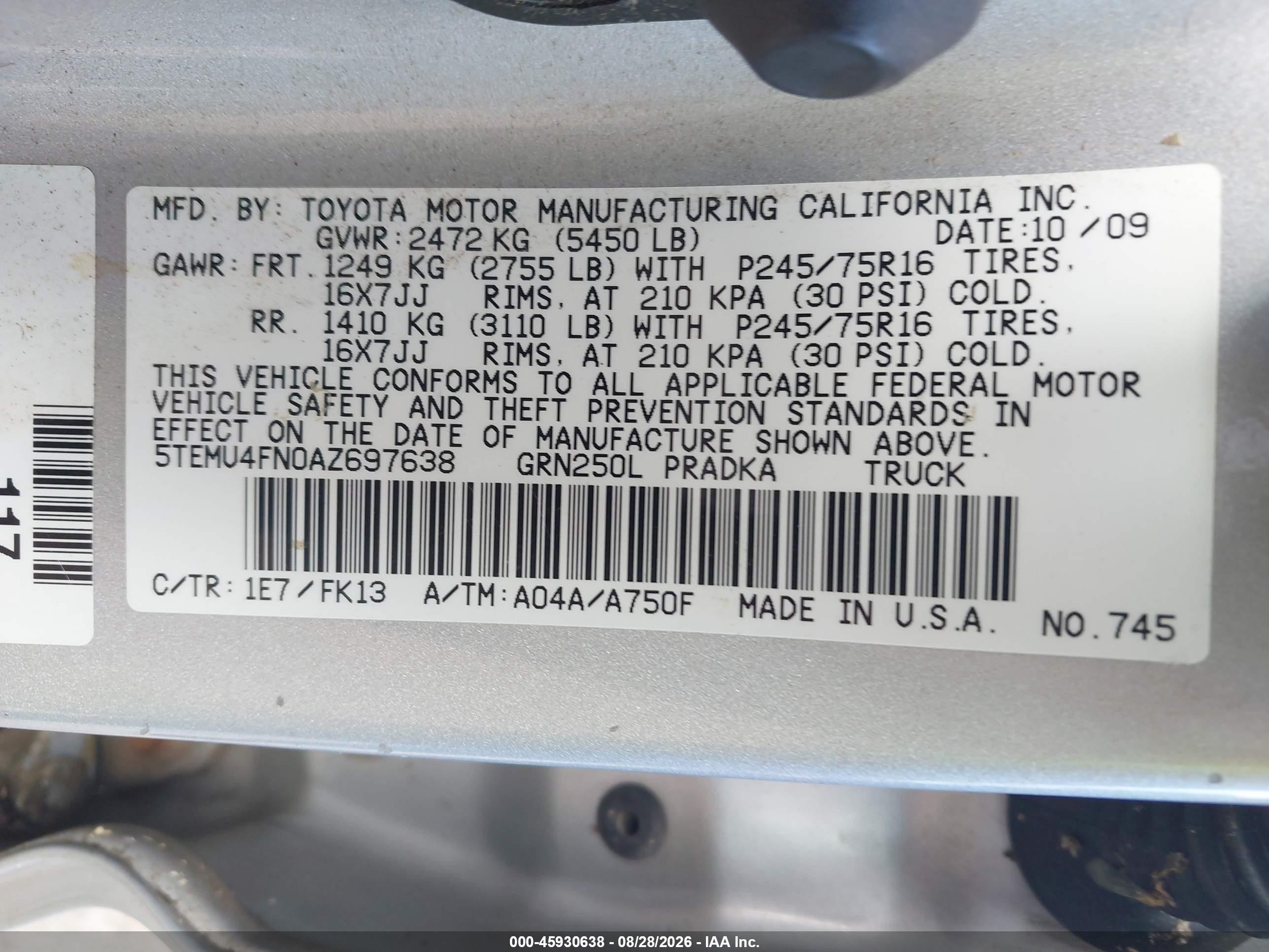 2010 Toyota Tacoma Base V6 Серебряный vin: 5TEMU4FN0AZ697638