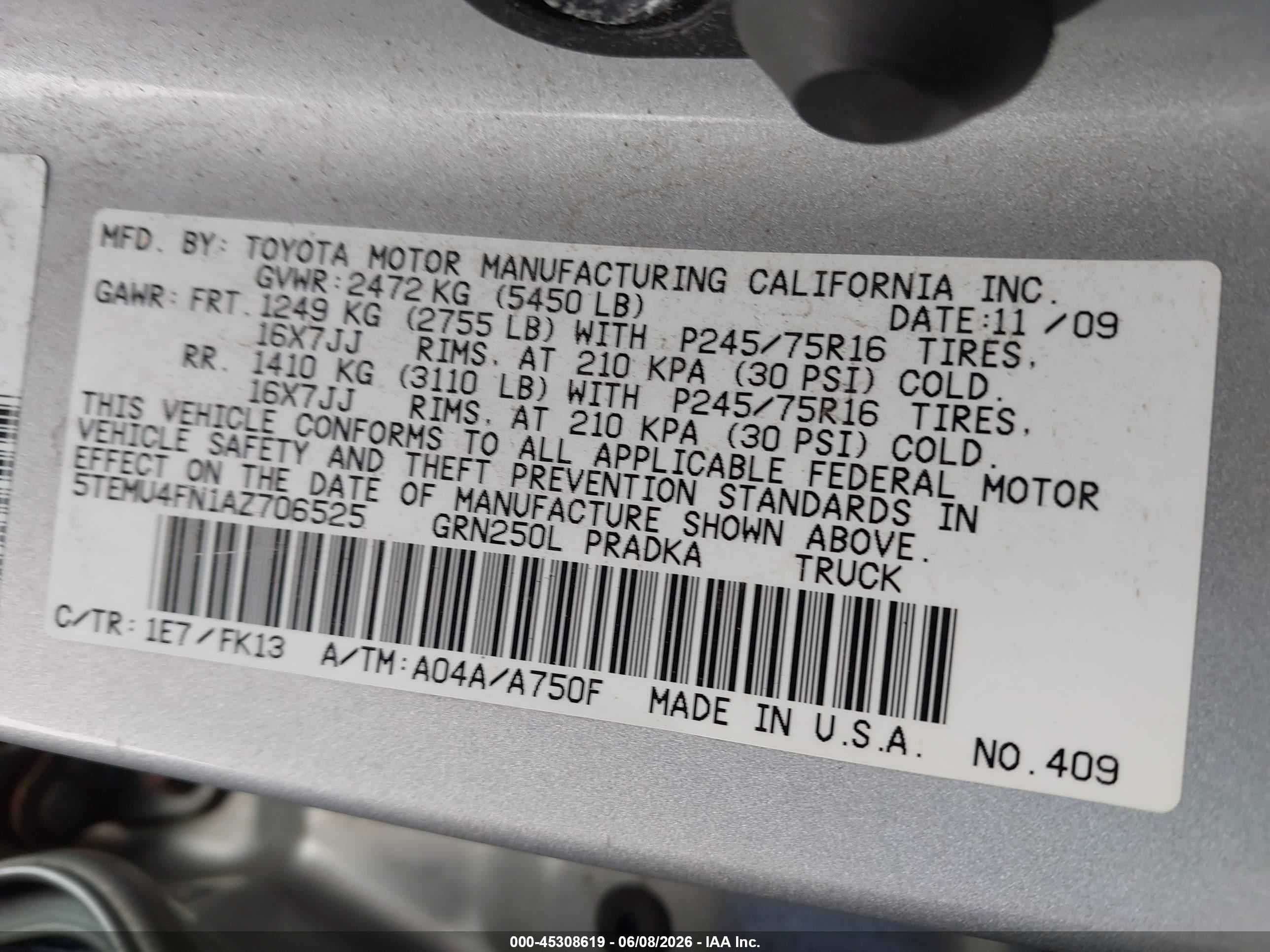 2010 Toyota Tacoma Base V6 Silver vin: 5TEMU4FN1AZ706525