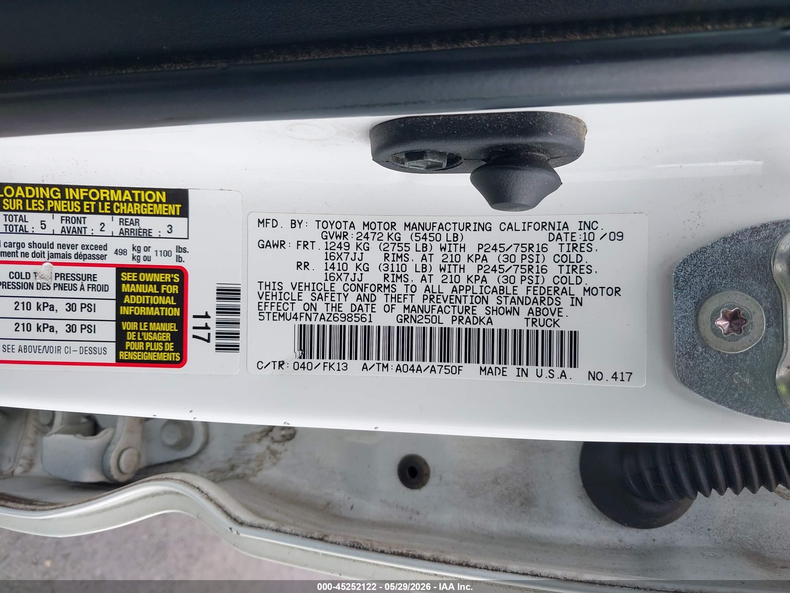 2010 Toyota Tacoma Base V6 White vin: 5TEMU4FN7AZ698561