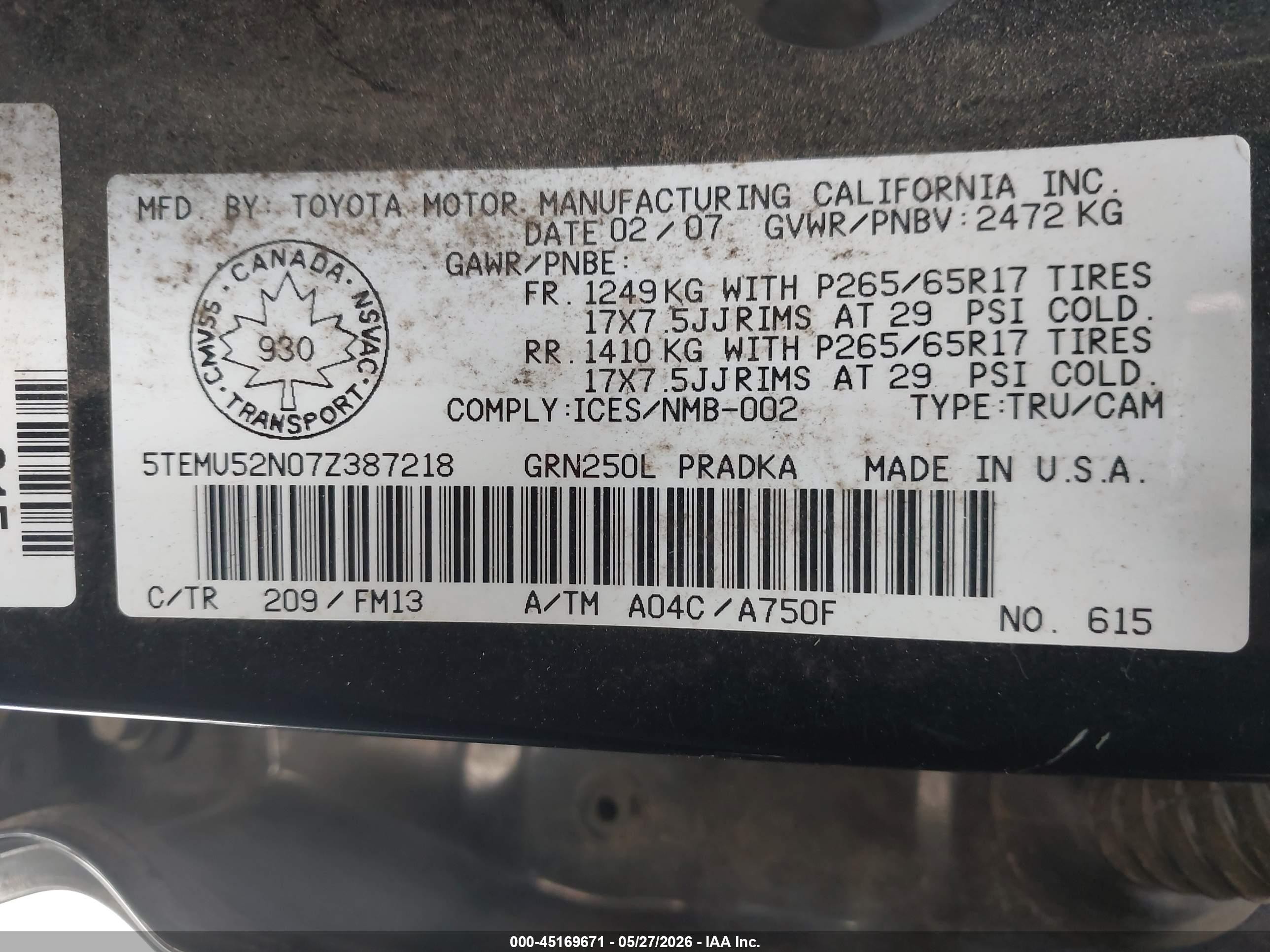 2007 Toyota Tacoma Base V6 Black vin: 5TEMU52N07Z387218