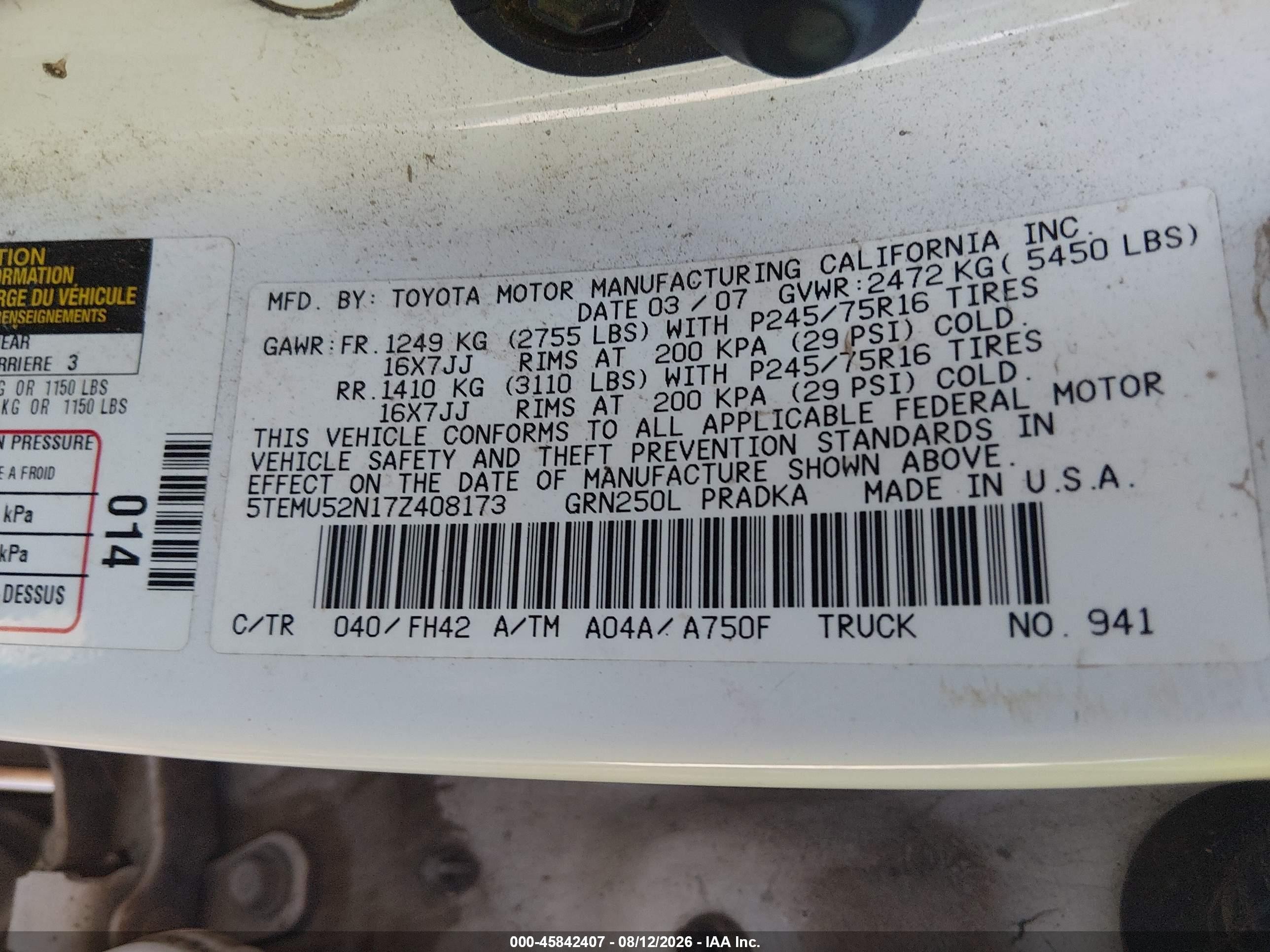 2007 Toyota Tacoma Base V6 White vin: 5TEMU52N17Z408173