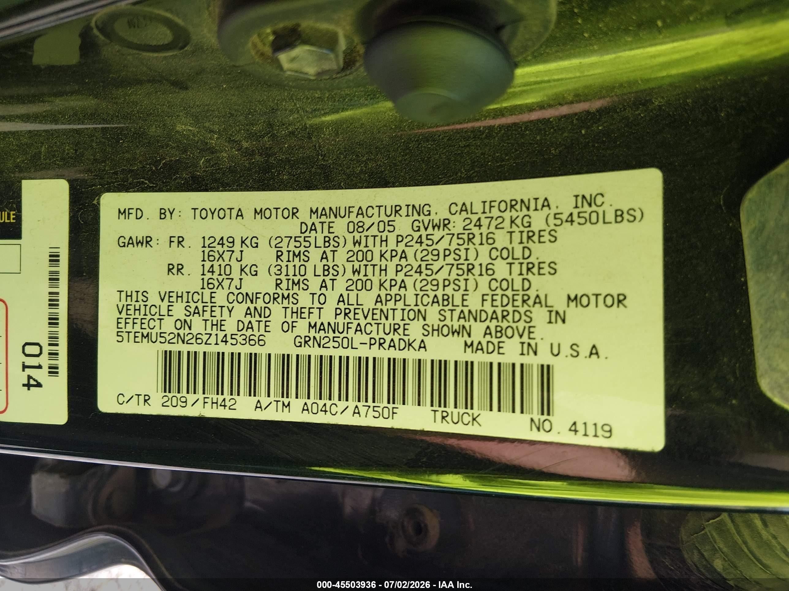 2006 Toyota Tacoma Base V6 Black vin: 5TEMU52N26Z145366