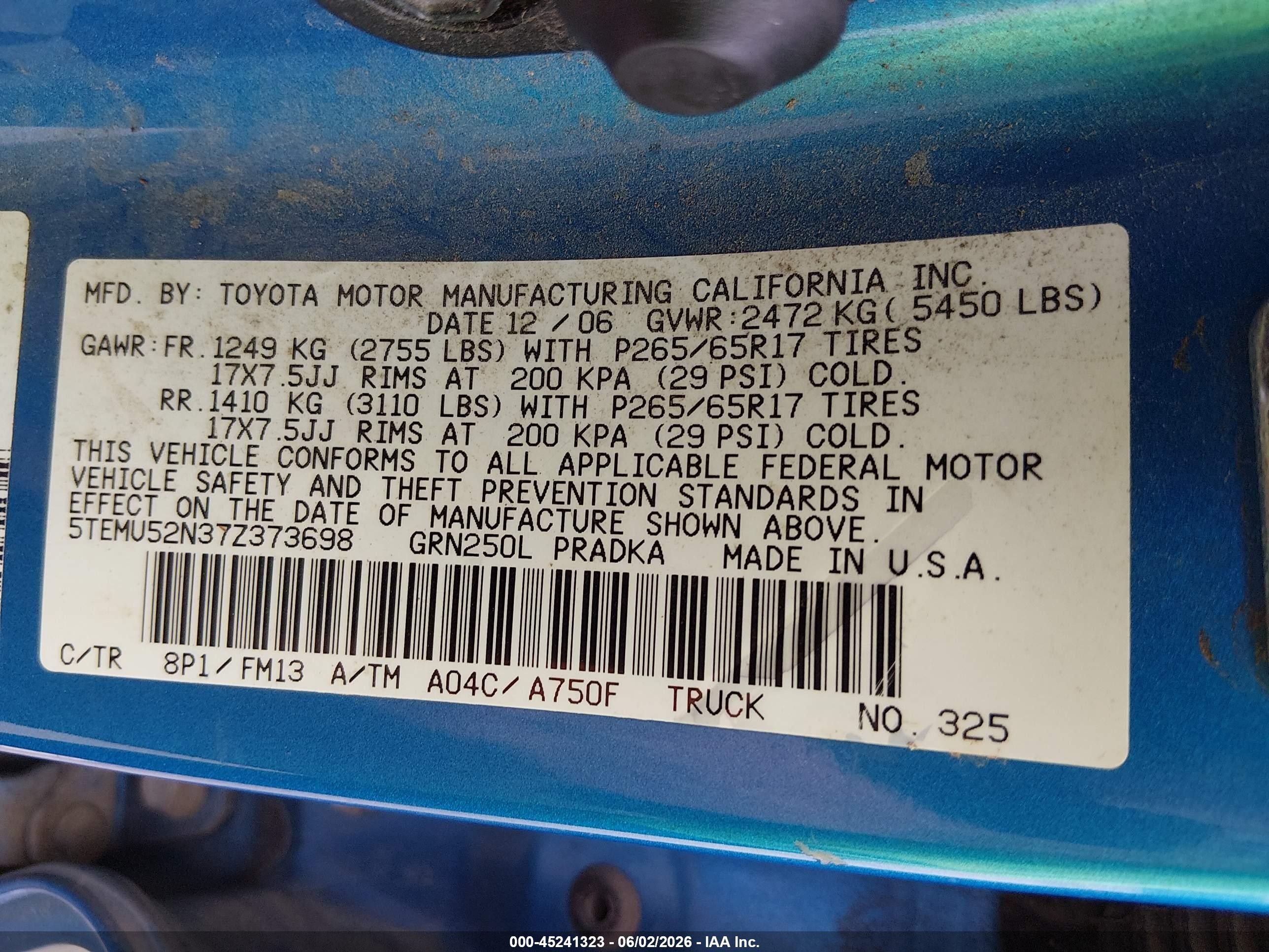 2007 Toyota Tacoma Base V6 Blue vin: 5TEMU52N37Z373698