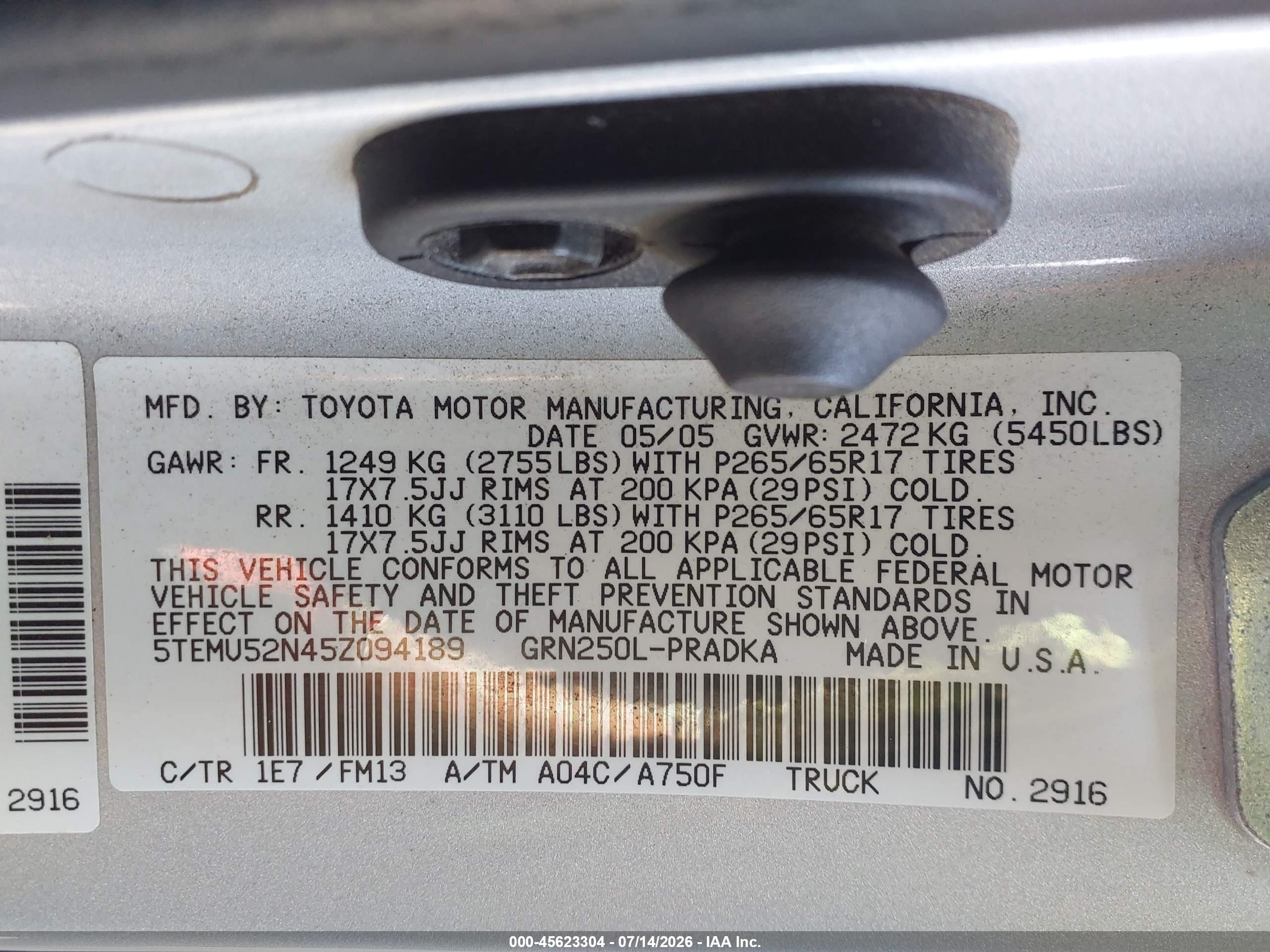 2005 Toyota Tacoma Base V6 Silver vin: 5TEMU52N45Z094189