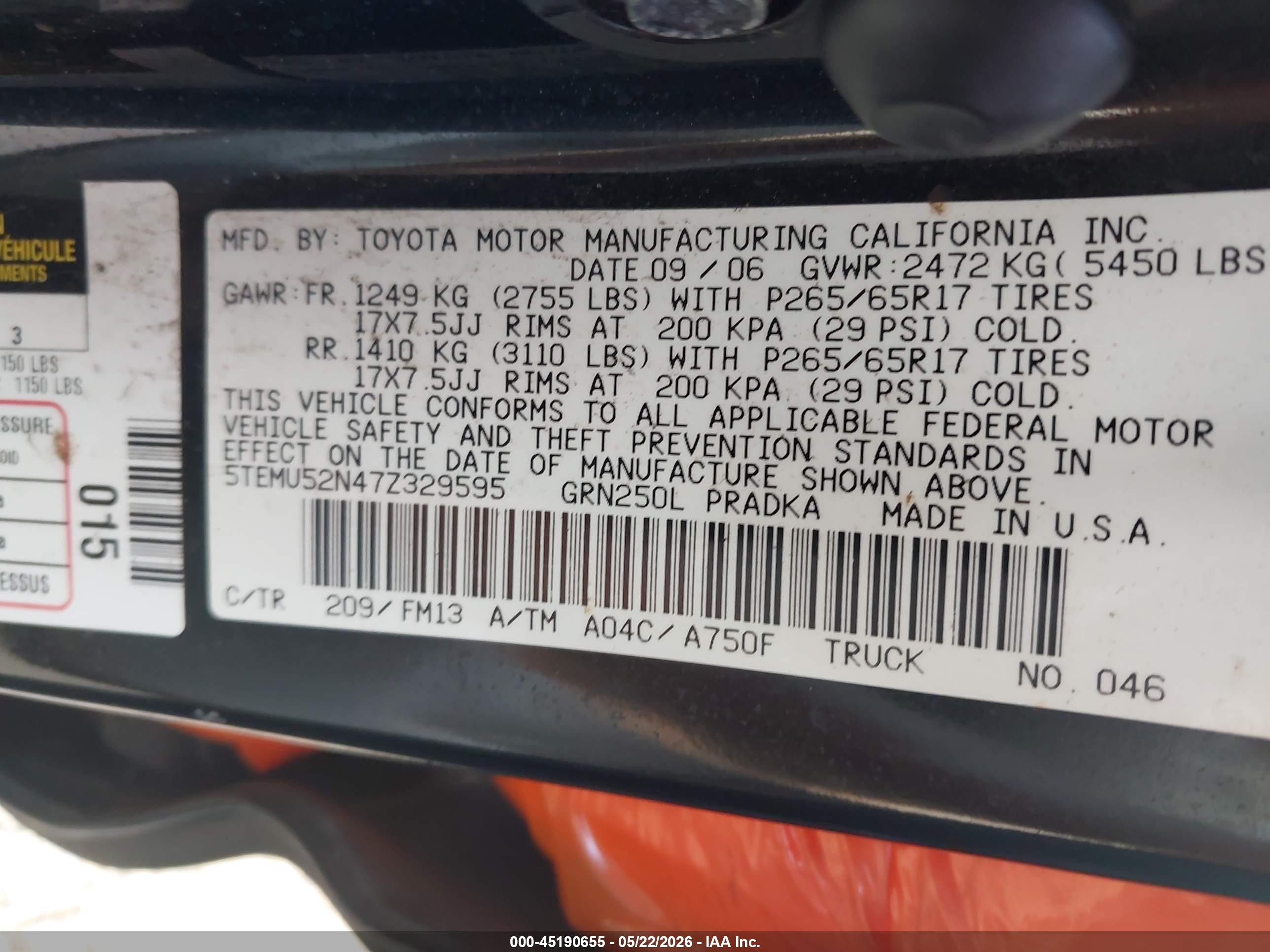 2007 Toyota Tacoma Base V6 Black vin: 5TEMU52N47Z329595