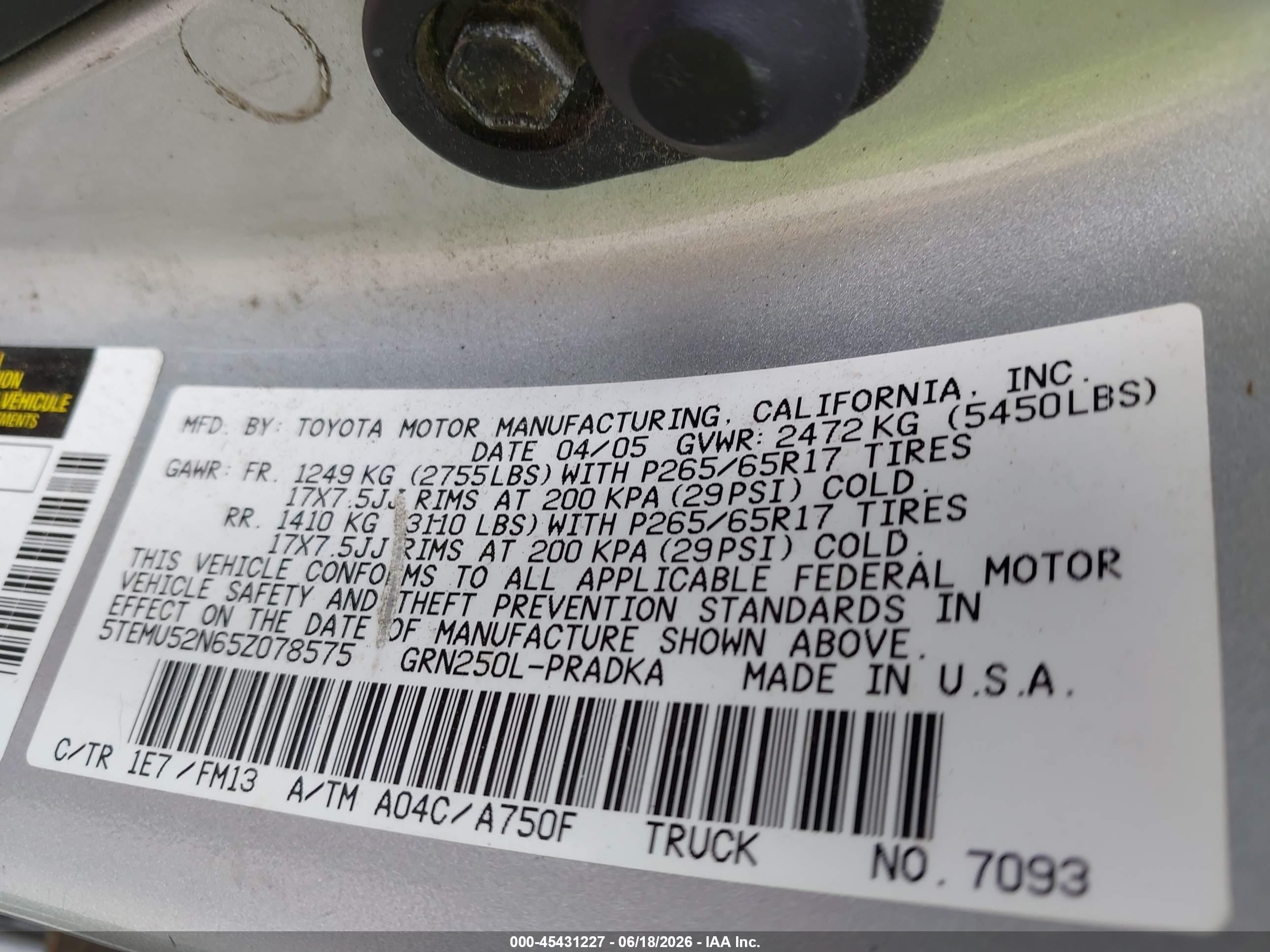 2005 Toyota Tacoma Base V6 Silver vin: 5TEMU52N65Z078575