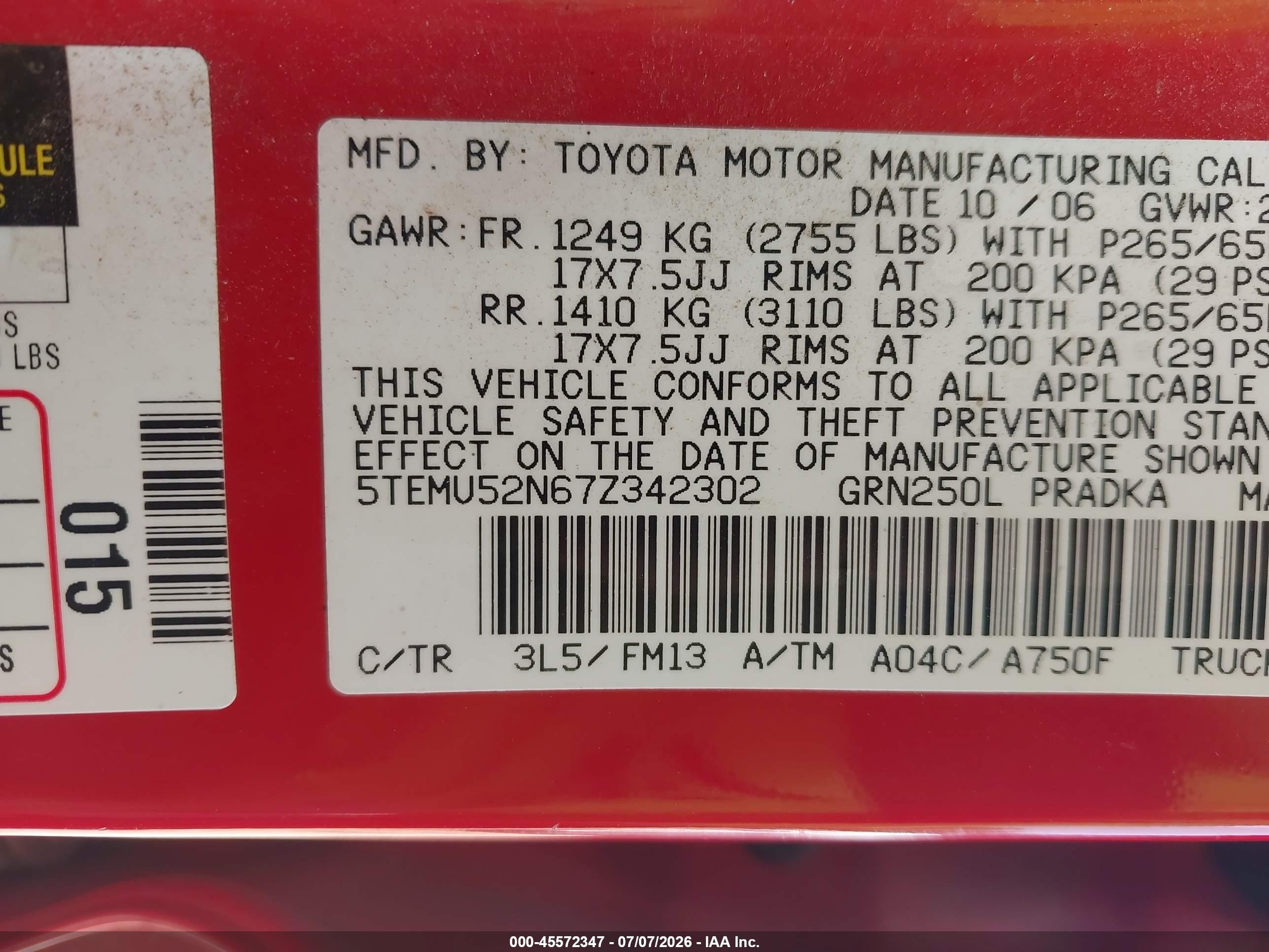 2007 Toyota Tacoma Base V6 Red vin: 5TEMU52N67Z342302