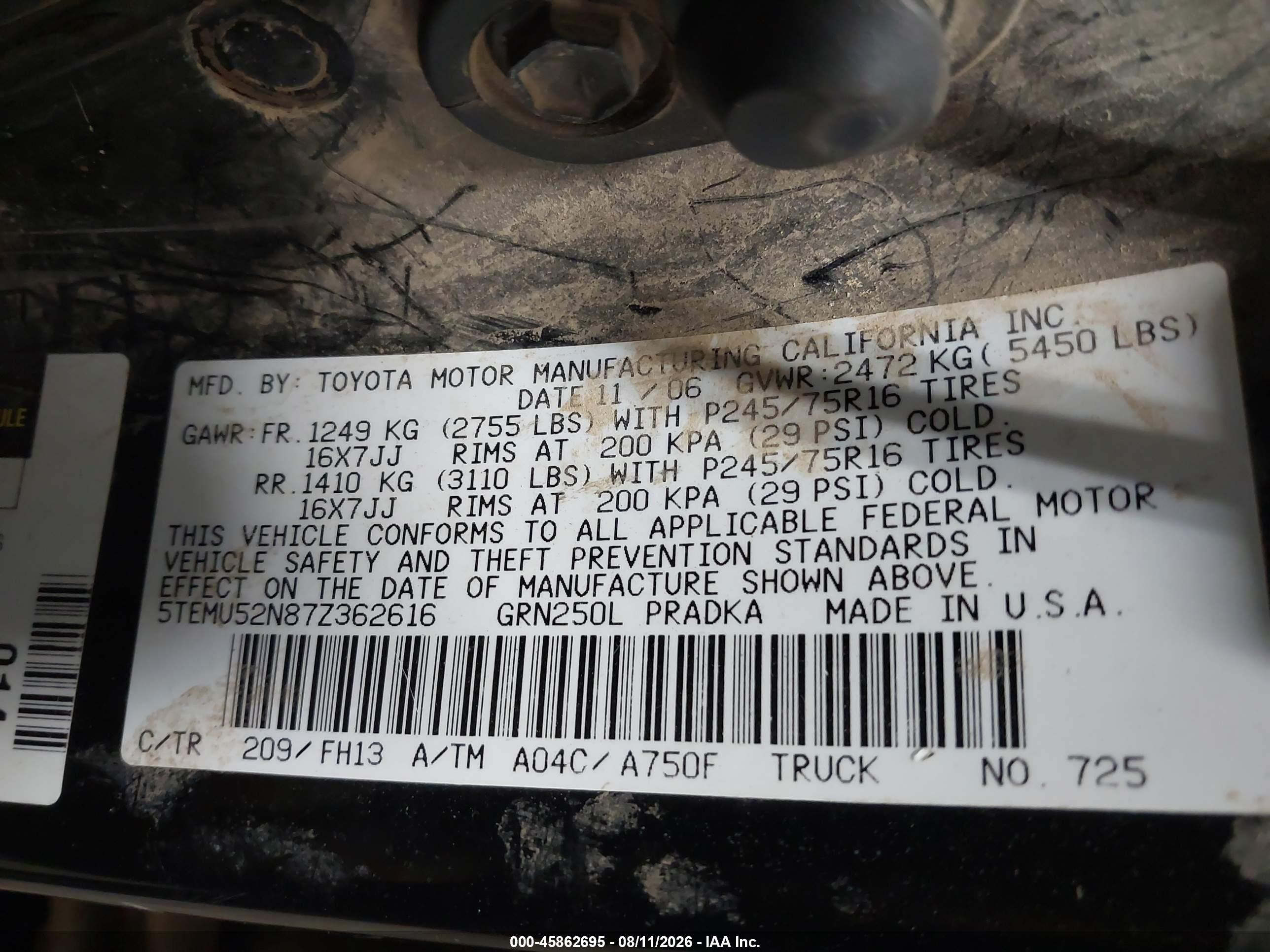 2007 Toyota Tacoma Base V6 Black vin: 5TEMU52N87Z362616