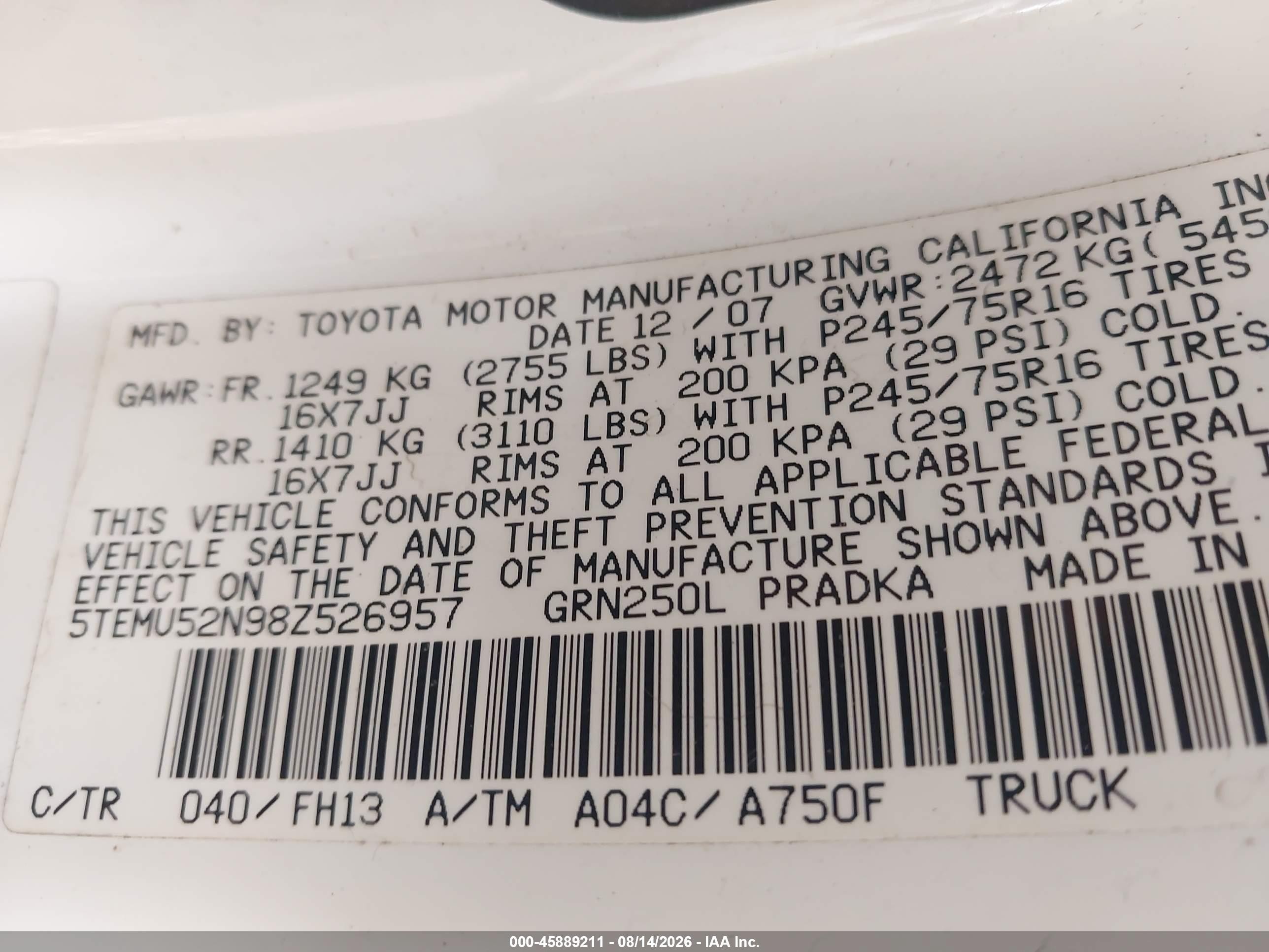 2008 Toyota Tacoma Base V6 White vin: 5TEMU52N98Z526957