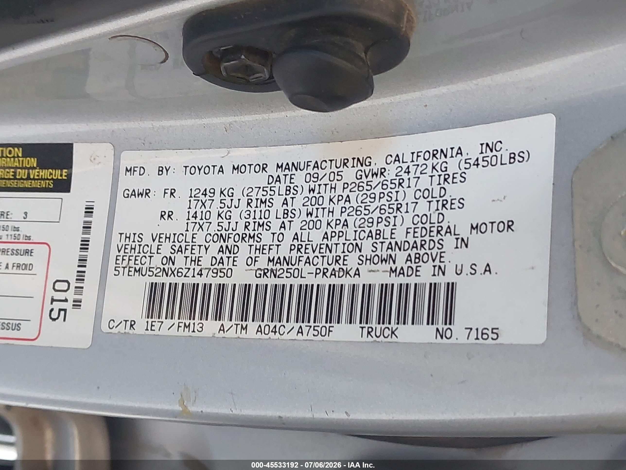 2006 Toyota Tacoma Base V6 Silver vin: 5TEMU52NX6Z147950