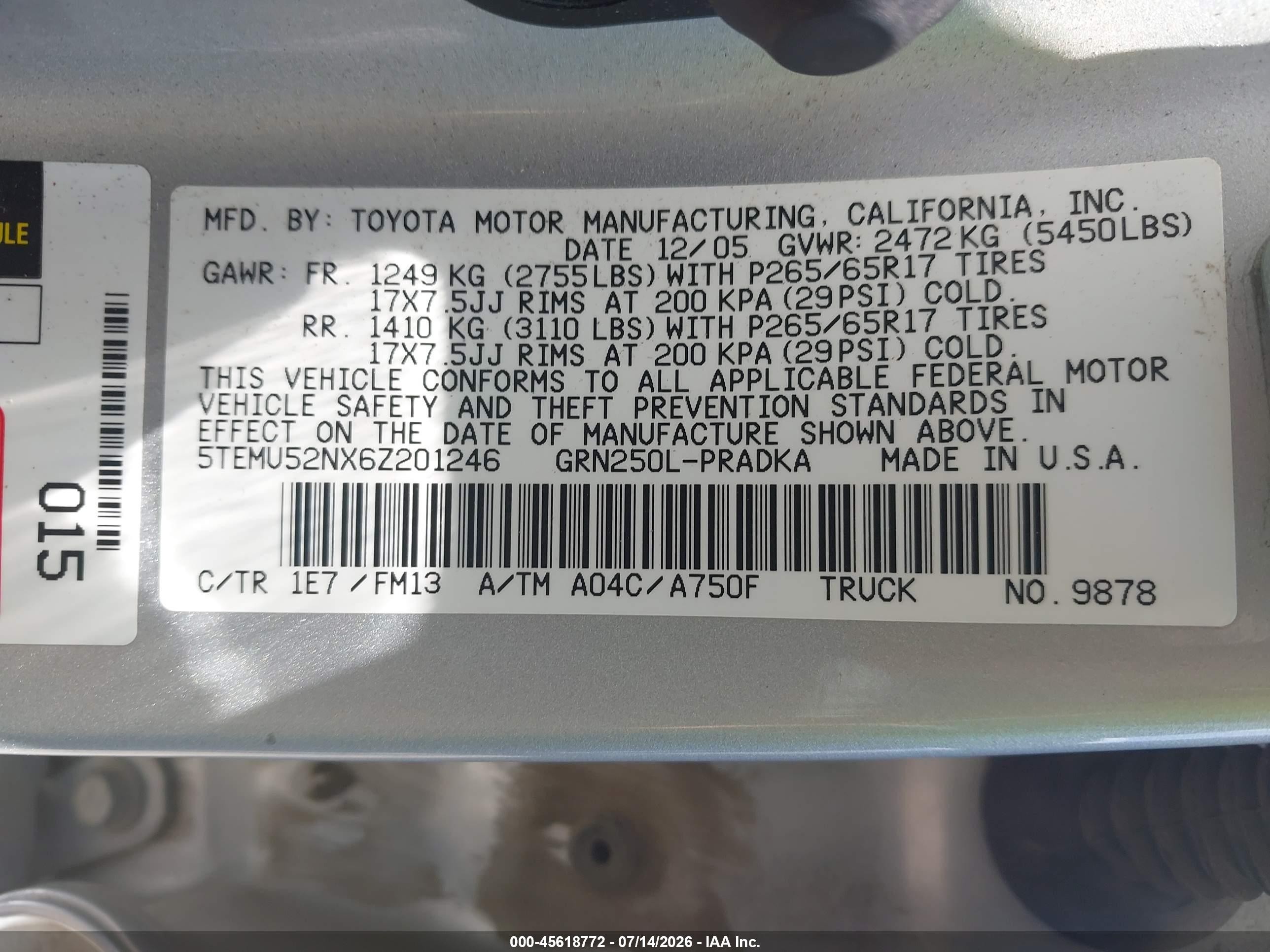 2006 Toyota Tacoma Base V6 Silver vin: 5TEMU52NX6Z201246