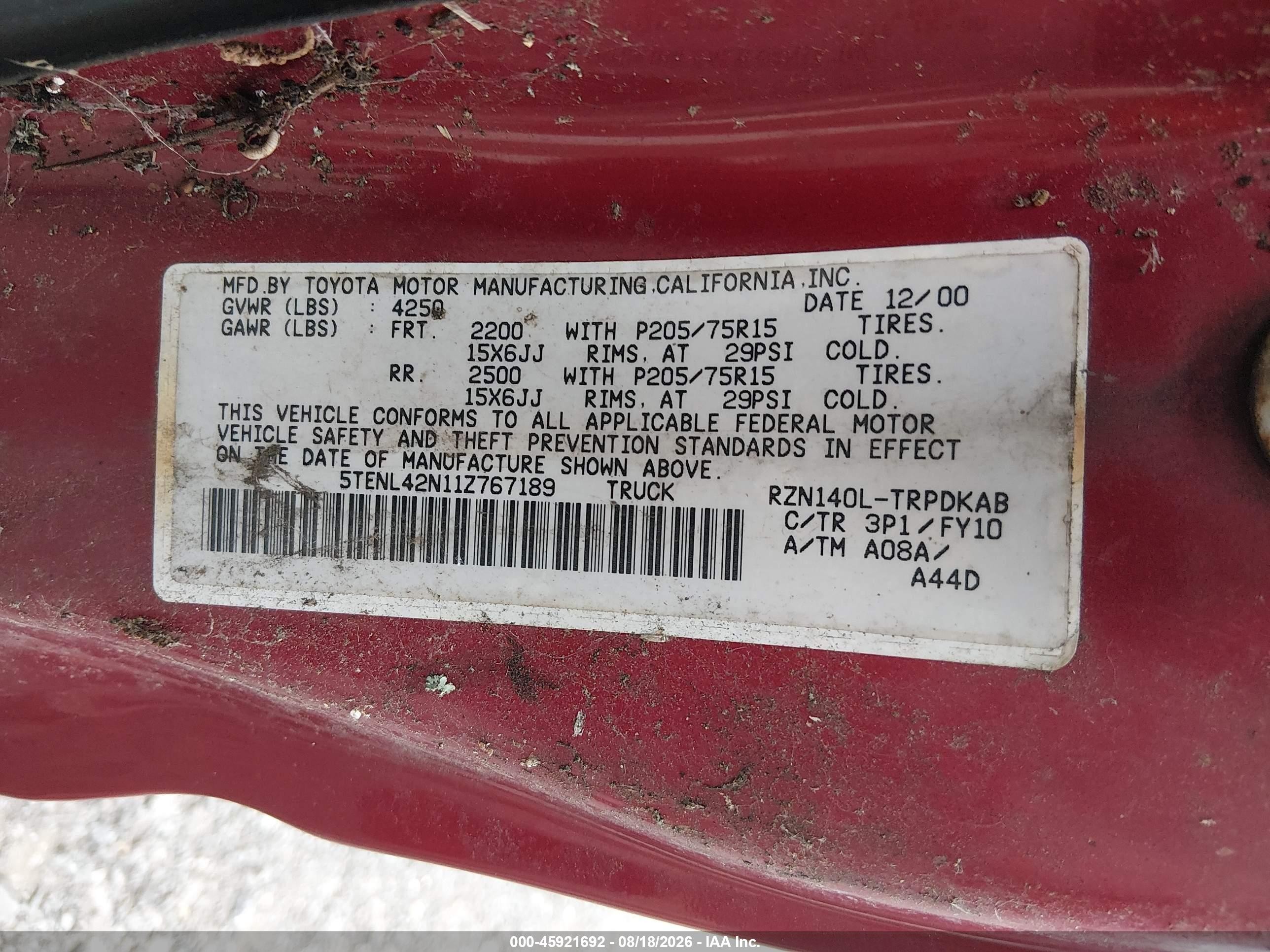 2001 Toyota Tacoma   Red vin: 5TENL42N11Z767189