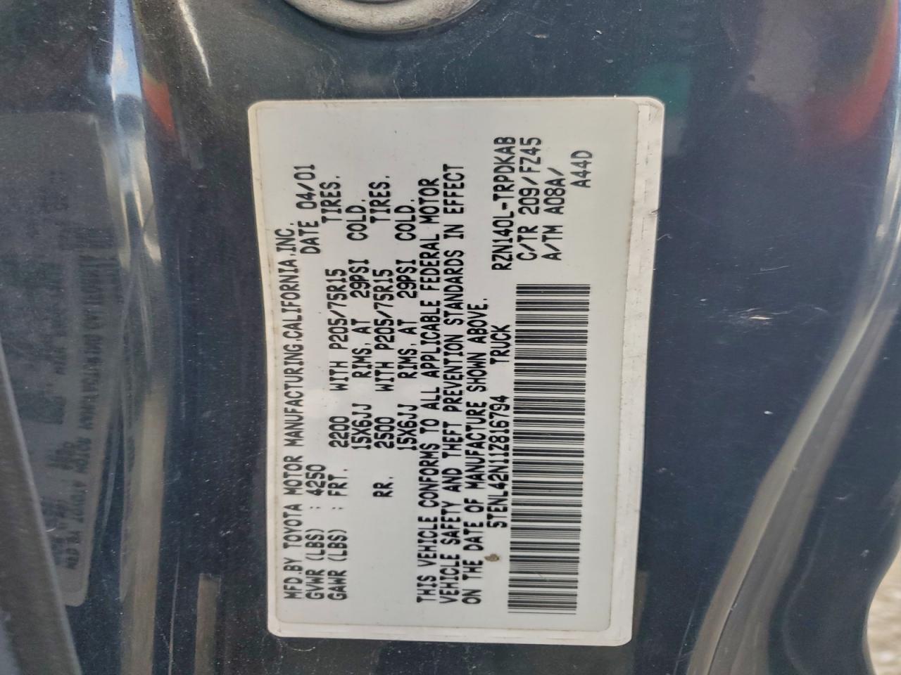 2001 Toyota Tacoma Угольный vin: 5TENL42N11Z816794