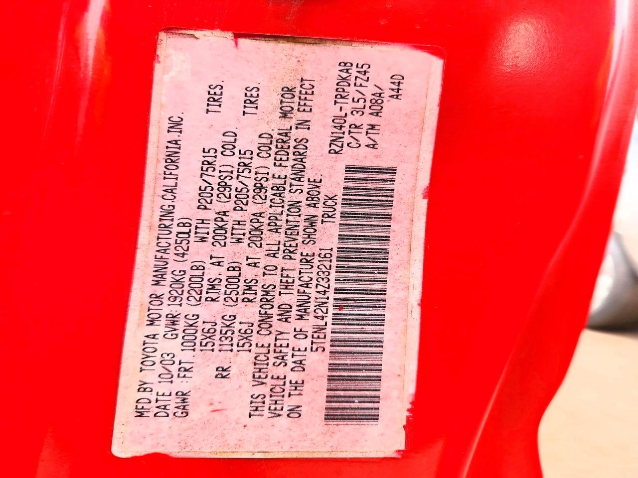 2004 Toyota Tacoma Red vin: 5TENL42N14Z332161