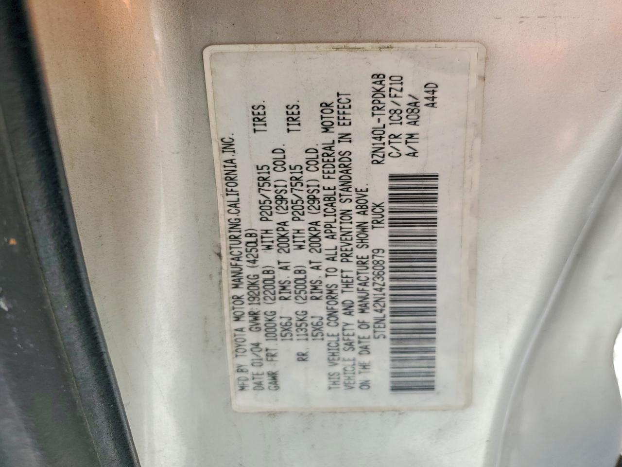 2004 Toyota Tacoma Base Silver vin: 5TENL42N14Z360879